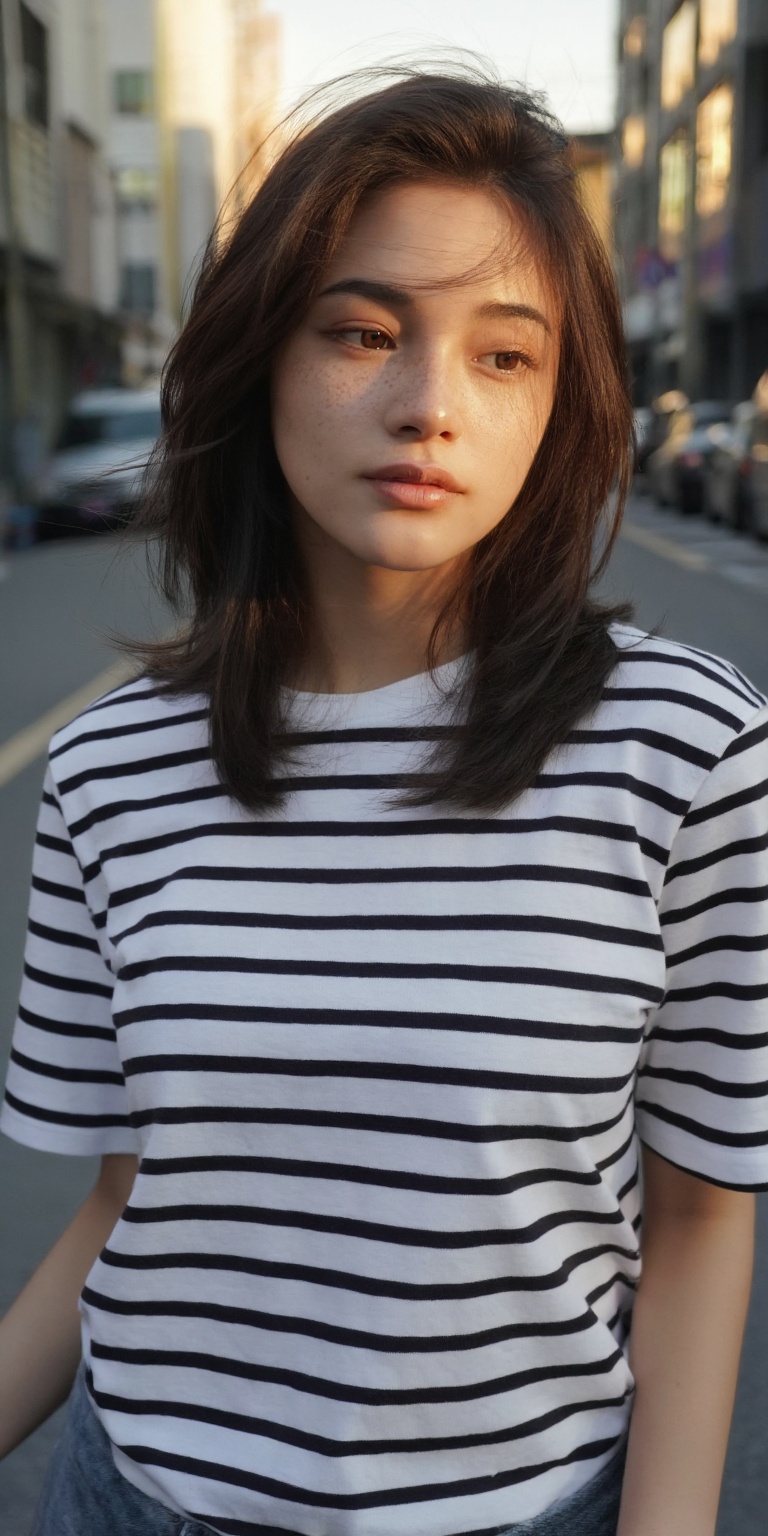 Cinematic photorealistic portrait of a beautiful young woman wearing a classic black-and-white striped t-shirt,  standing...