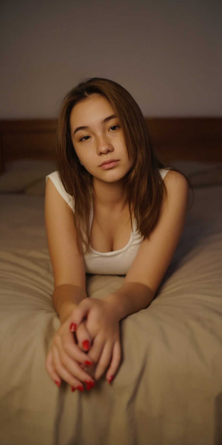 a photo-realistic portrait of a young woman lying on a bed in a dimly lit bedroom. the woman,  who appears to be in her la...