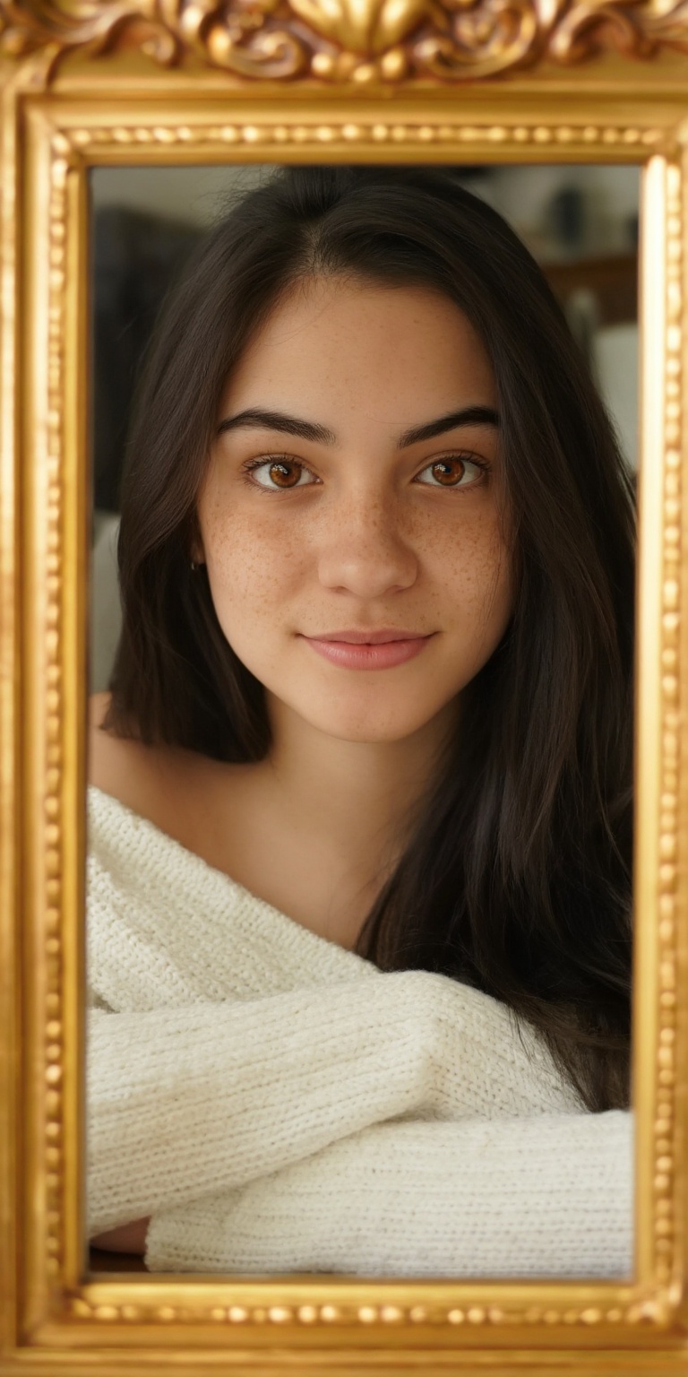 a photo-realistic portrait of a young woman looking directly at the viewer through a golden ornate frame. the woman,  who...