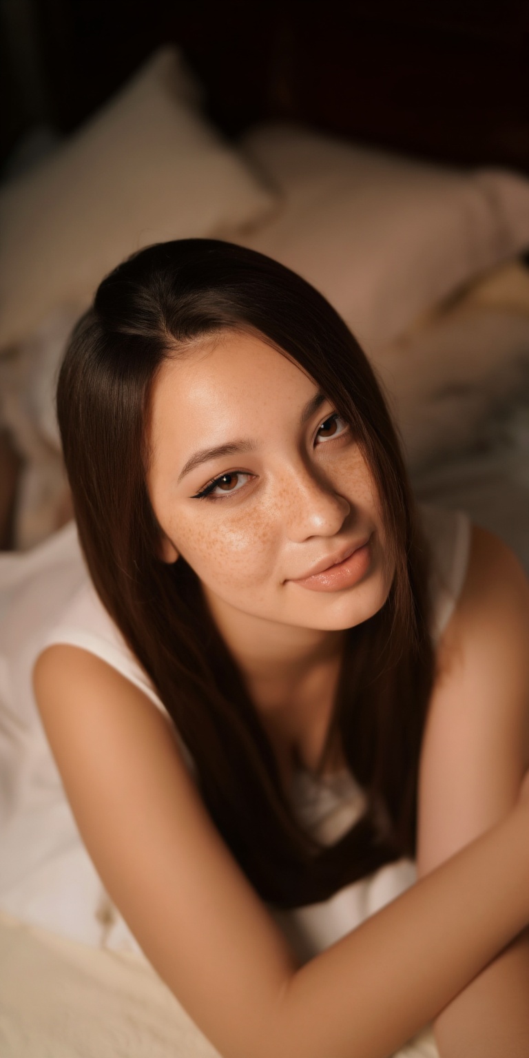 a photo-realistic portrait of a young woman with long,  straight,  dark brown hair and freckles on Tensor.Art