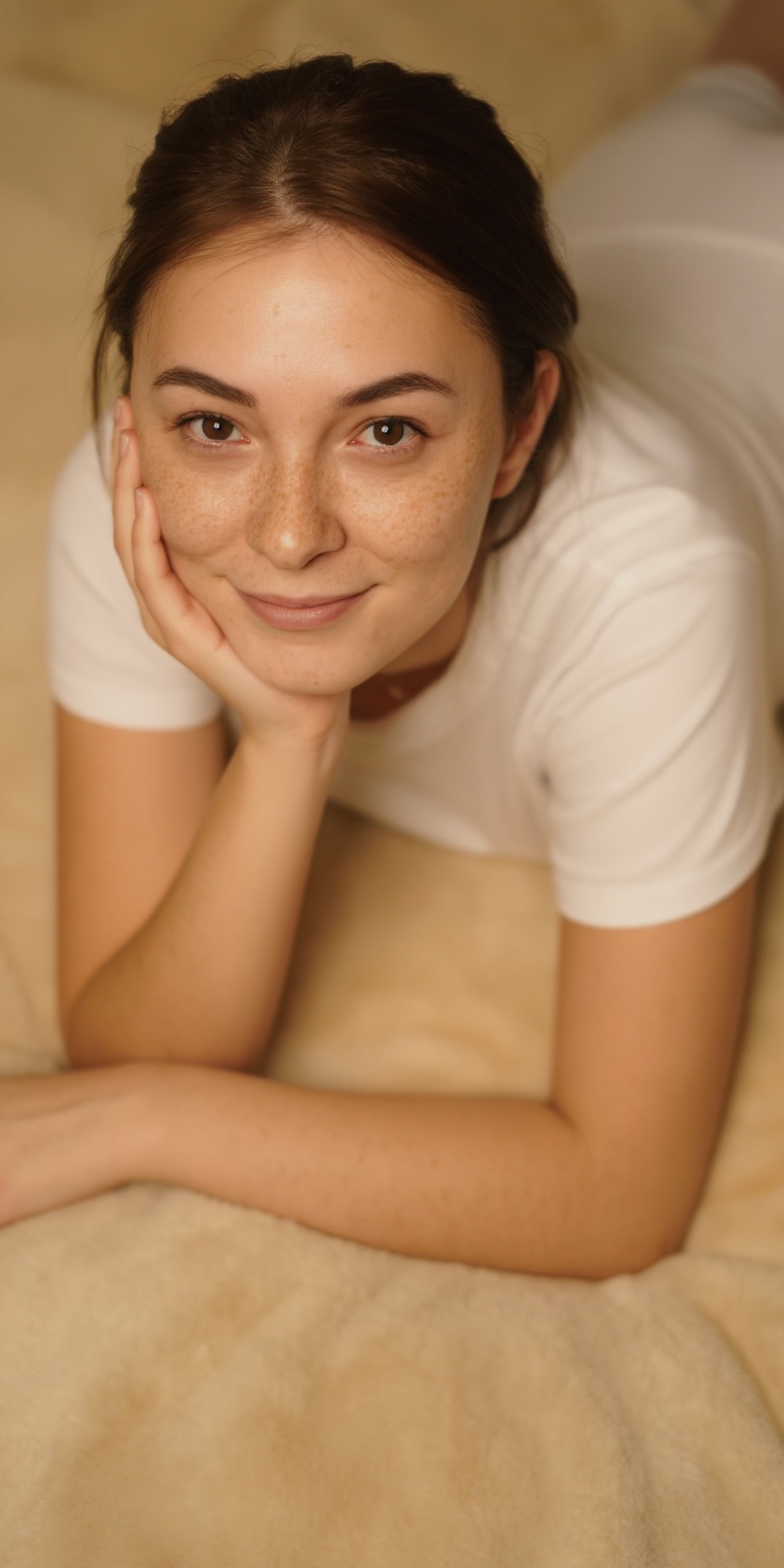 a photo-realistic shoot from above about a young woman with freckles resting chin on hand,  looking directly at the camera...