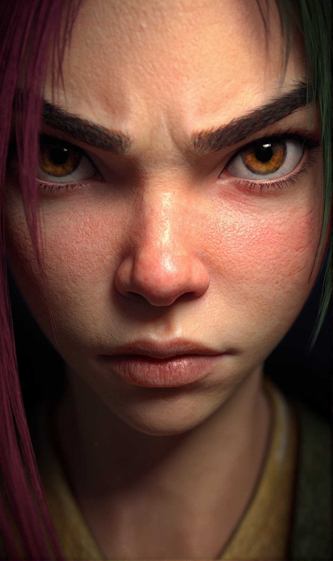 Extreme macro close-up portrait of a fierce young woman with intense eye contact. a graphic cel-shaded effect merged with...