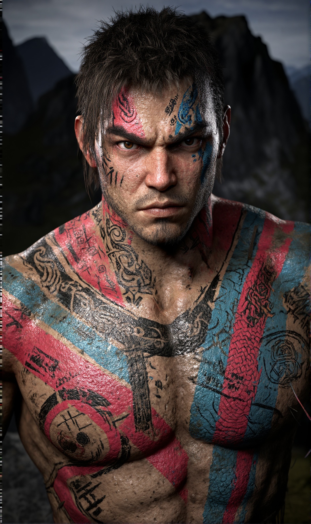 a graphic cel-shaded effect merged with photorealism,  Highly detailed cinematic 3D render,  half body portrait of a fierc...