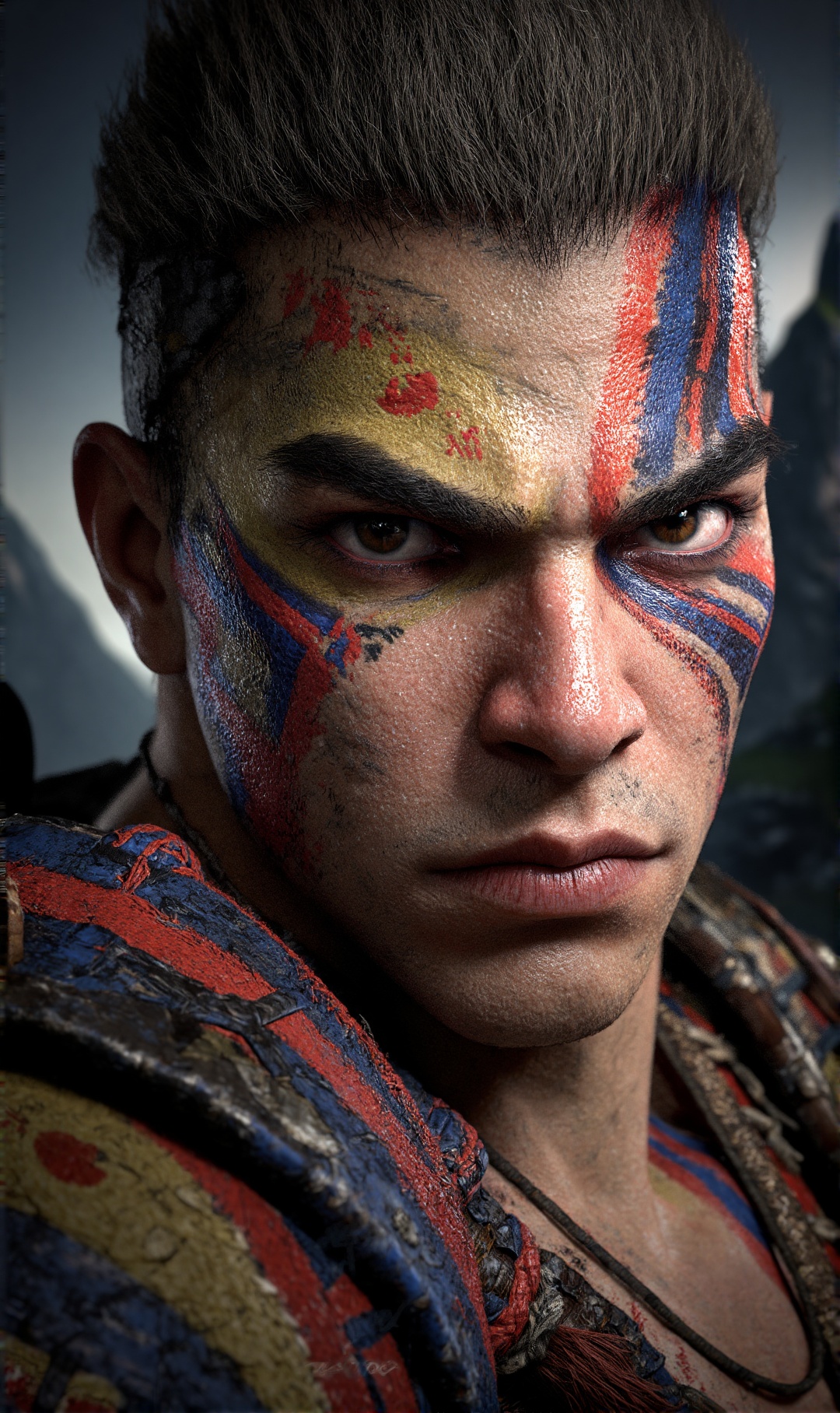 a graphic cel-shaded effect merged with photorealism,  Highly detailed cinematic 3D render,  half body portrait of a fierc...