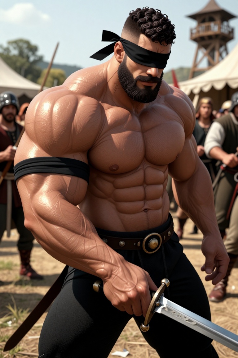 [ Illustration of ] The image depicts a muscular man standing shirtless,  wearing a black blindfold and a black band aroun...