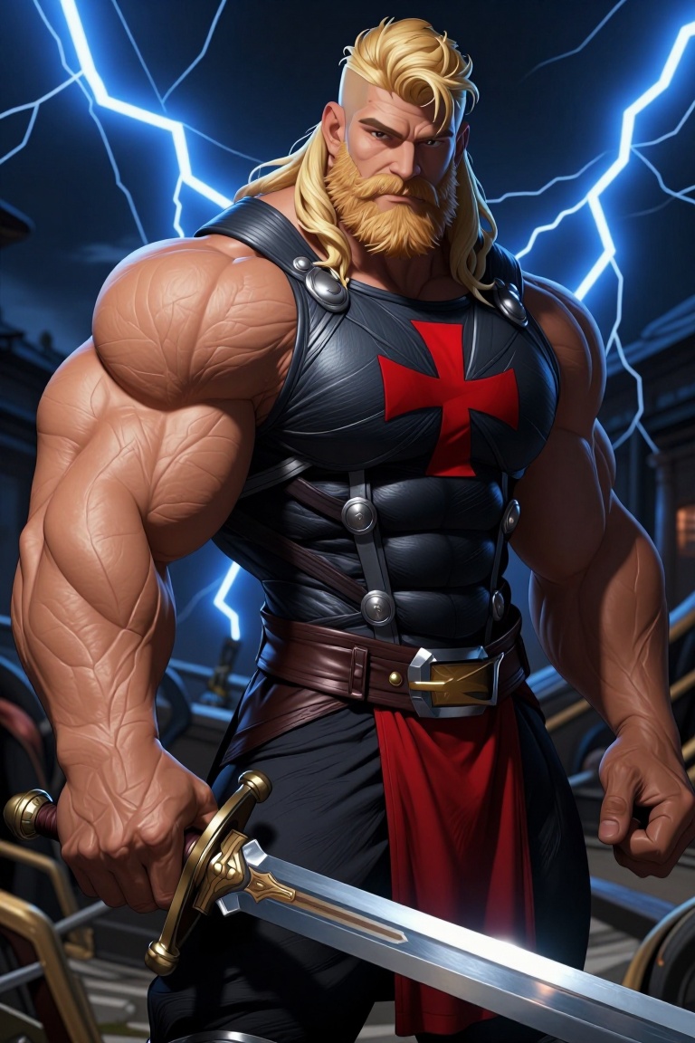 [ Illustration of ] The image depicts a muscular figure with long blonde hair and a full beard,  standing confidently agai...