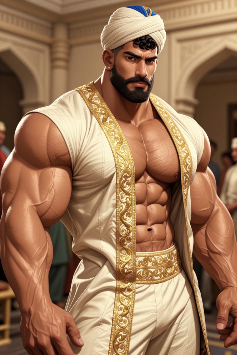 [ Illustration of ] The image depicts a person wearing a cream-colored traditional outfit adorned with intricate gold embr...