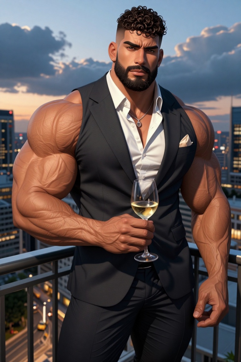 [ Illustration of ] The image shows a person standing on a balcony,  holding a glass of wine in their right hand. They are...