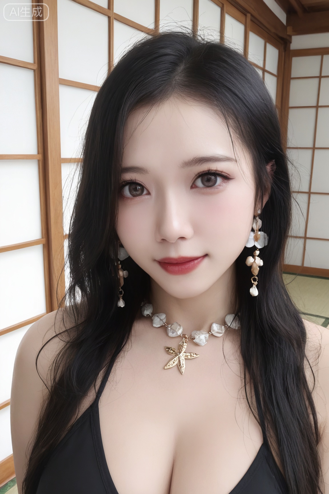 masterpiece, high quality, realistic, photorealistic, real life BREAK
1girl, solo,long hair, looking at viewer, bare shoulders,collarbone, upper body, black hair, realistic, nose, red lips,

The indoor soft-focus daylight tatami corner and the wooden lattice paper window allow diffused light to pass through