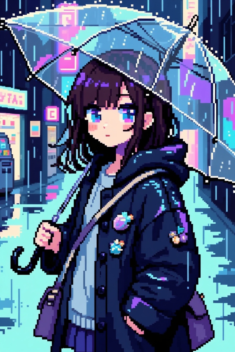pixelart,  A detailed pixel art illustration of a teenage girl standing in a rainy neon city street at night,  shown from...