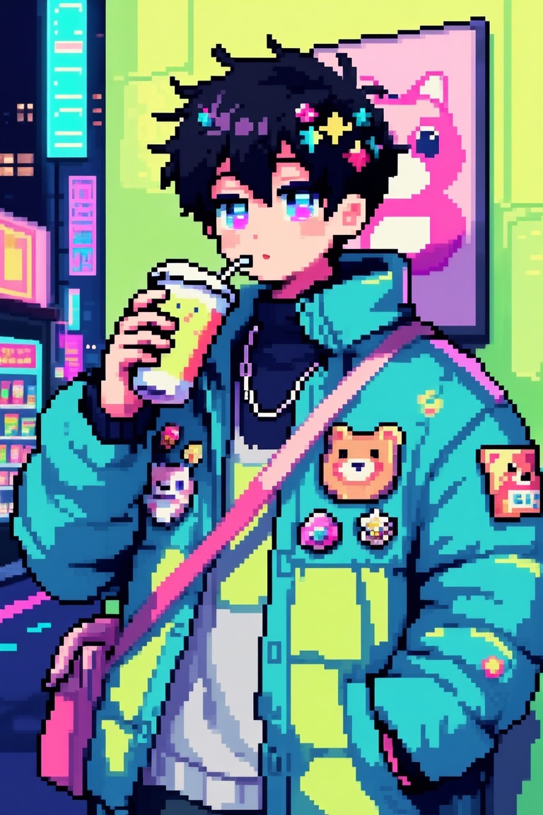 pixelart,  A detailed pixel art illustration of a teenage boy standing in a neon-lit city at night,  shown from the waist...