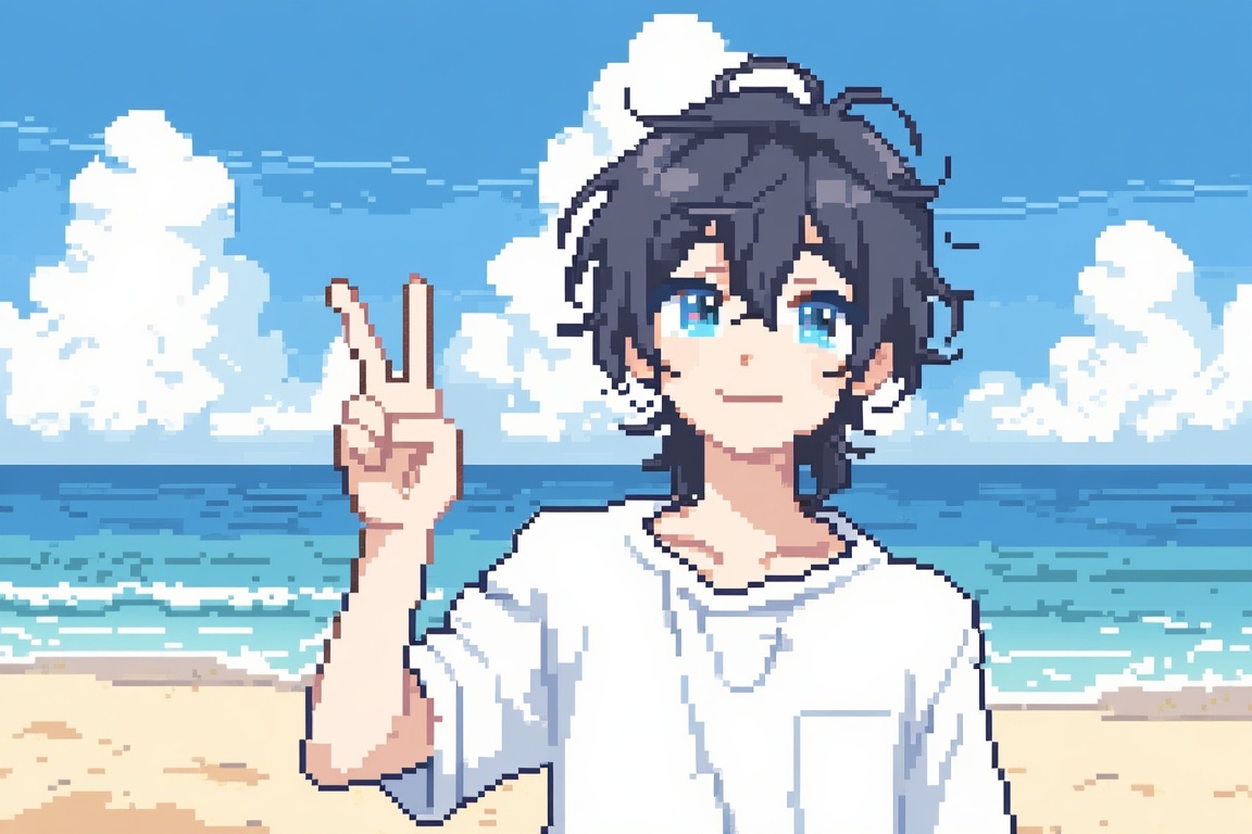 pixelart,  A detailed pixel art illustration of a teenage boy standing at a sunny beach,  shown from the chest up. He is f...