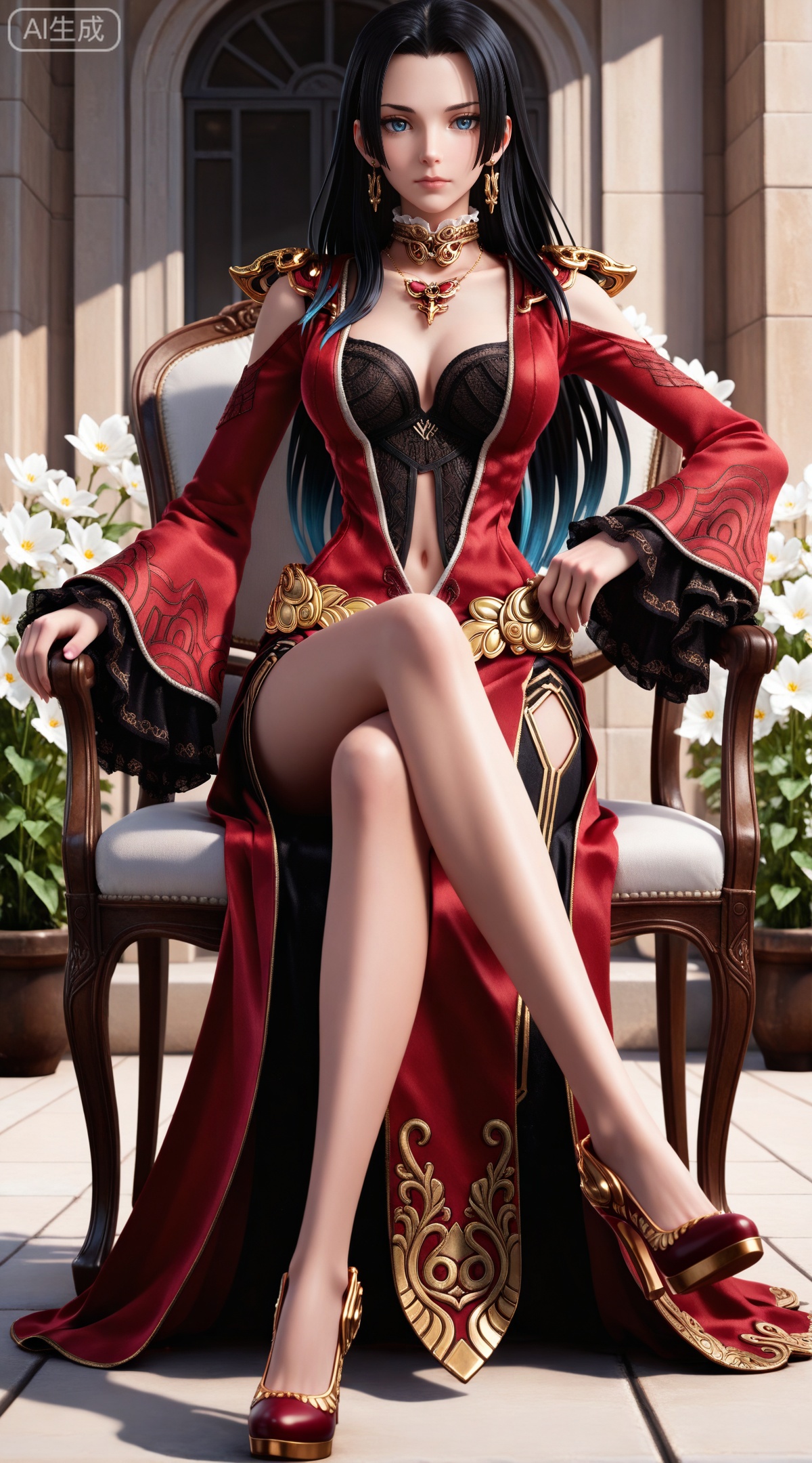 masterpiece,high quality,tall,game cg,highres,(soft light:1.2),(white_skin:0.6),(shiny_skin:0.6),(realistic:1.1),lvjing,
(boa hancock one piece:0.6),(black hair:1.3),long hair,(blue eyes:1.4),jewelry,earrings,multicolored hair,gradient hair,streaked hair,,
flowers,day,shadow,looking_at_viewer,,
clothes: meidusha red dress, meidusha frilled sleeves, meidusha wide sleeves, meidusha red high heels, meidusha black bra, meidusha shoulder armor, 1girl, solo, black hair, sitting, long hair, breasts, jewelry, chair, earrings, cleavage, medium breasts, crossed legs, clothing cutout