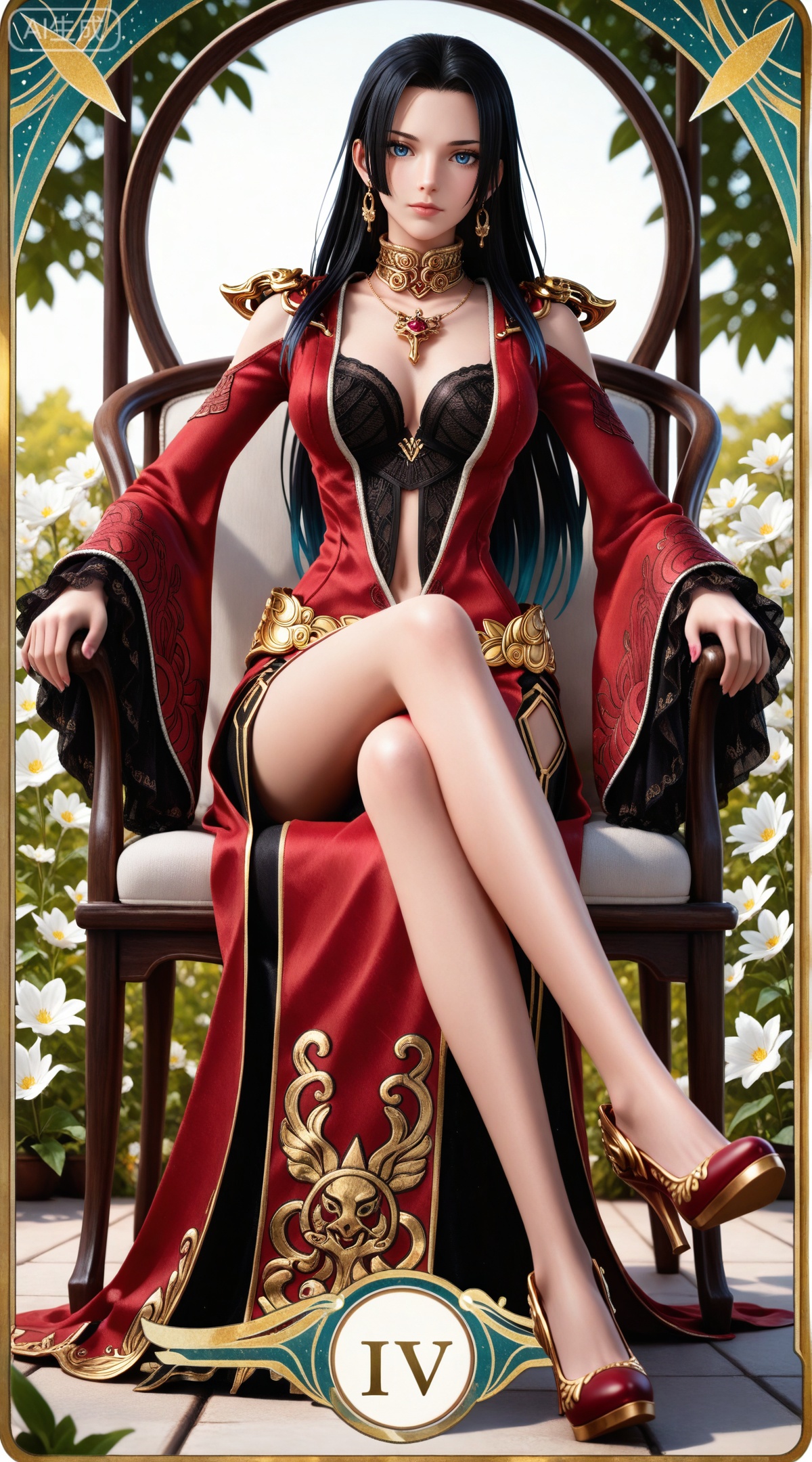 masterpiece,high quality,tall,game cg,highres,(soft light:1.2),(white_skin:0.6),(shiny_skin:0.6),(realistic:1.1),lvjing,
(boa hancock one piece:0.6),(black hair:1.3),long hair,(blue eyes:1.4),jewelry,earrings,multicolored hair,gradient hair,streaked hair,,
art nouveau,traditional media,flower,xiamu,(tarot (medium):1.2),day,shadow,looking_at_viewer,,
clothes: meidusha red dress, meidusha frilled sleeves, meidusha wide sleeves, meidusha red high heels, meidusha black bra, meidusha shoulder armor, 1girl, solo, black hair, sitting, long hair, breasts, jewelry, chair, earrings, cleavage, medium breasts, crossed legs, clothing cutout