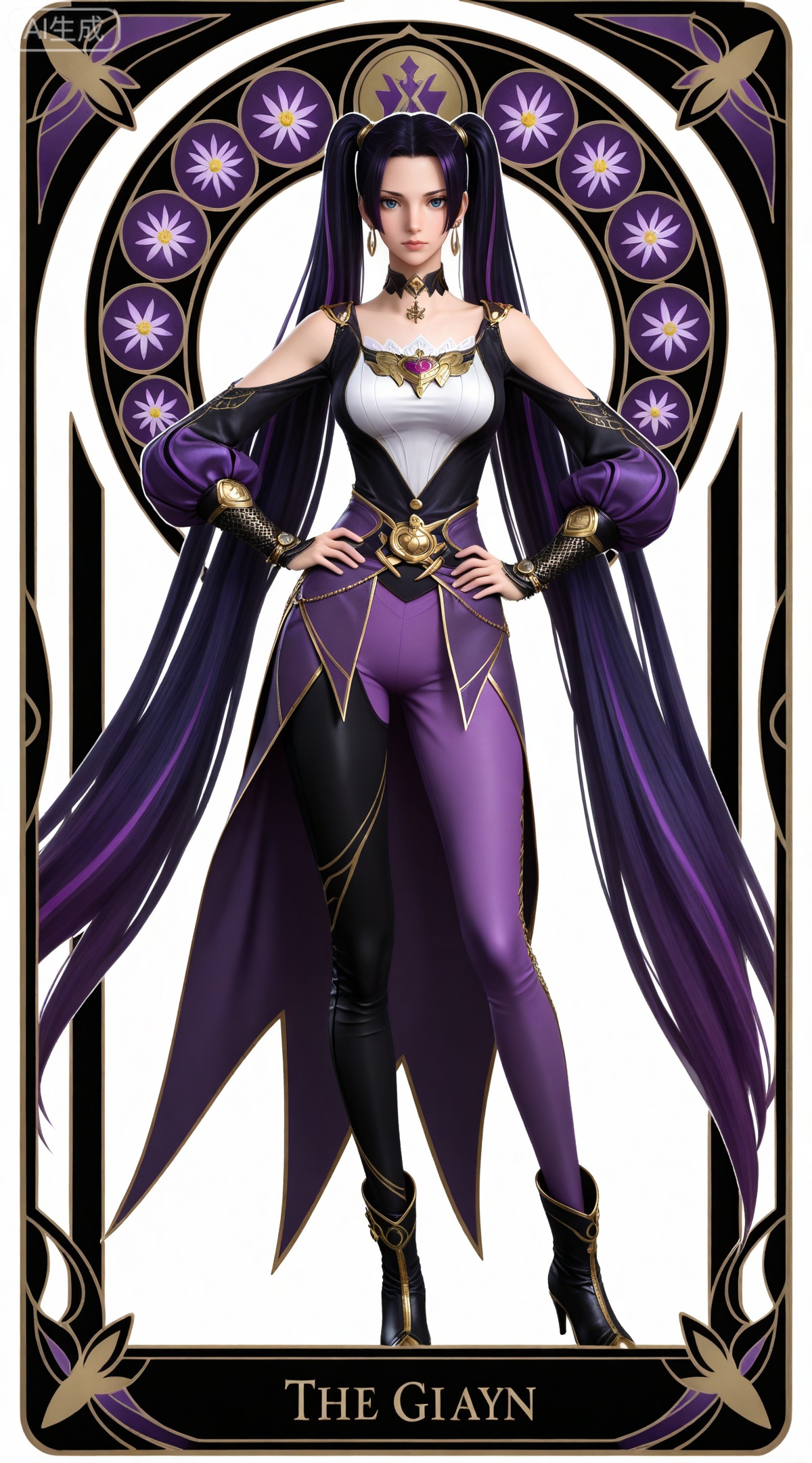 masterpiece,high quality,tall,game cg,highres,(soft light:1.2),(white_skin:0.6),(shiny_skin:0.6),(realistic:1.1),lvjing,
(boa hancock one piece:0.6),black hair,long hair,blue eyes,jewelry,earrings,multicolored hair,gradient hair,streaked hair,
art nouveau,traditional media,flower,xiamu,(tarot (medium):1.2),day,shadow,looking_at_viewer,,
clothes: ziyan pueple and white dress, ziyan pants, ziyan asymmetrical legwear, ziyan choker, ziyan black high heel boots, ziyan detachable sleeve, ziyan puffy sleeves, 1girl, solo, twintails, full body, white background, long hair, bare shoulders, breasts, simple background, standing, looking at viewer, hands on own hips, black hair, purple hair, medium breasts, jewelry