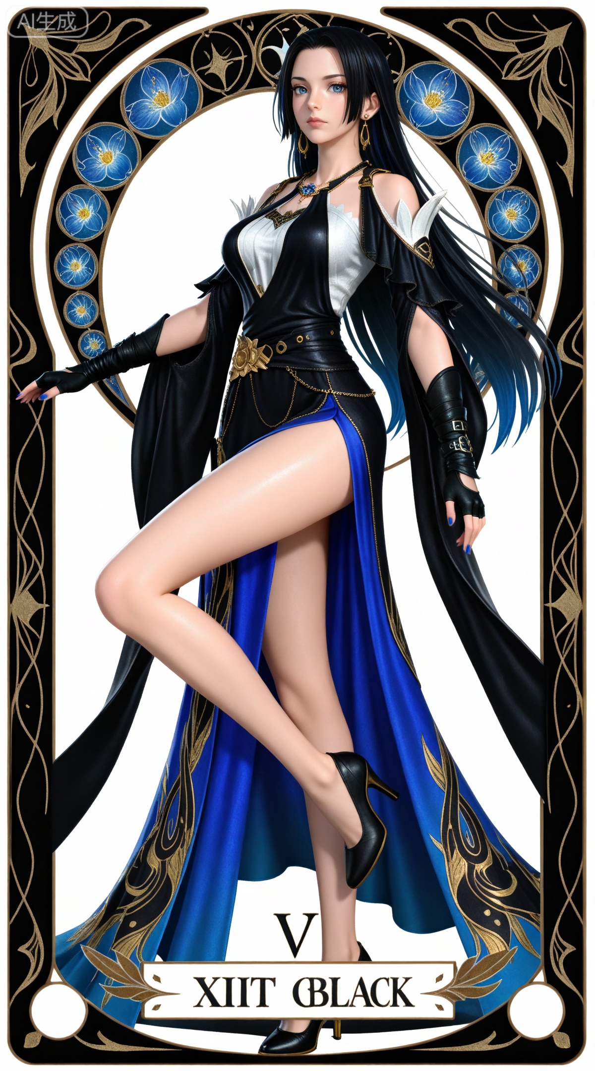 masterpiece,high quality,tall,game cg,highres,(soft light:1.2),(white_skin:0.6),(shiny_skin:0.6),(realistic:1.1),lvjing,
(boa hancock one piece:0.6),(black hair:1.3),long hair,(blue eyes:1.4),jewelry,earrings,multicolored hair,gradient hair,streaked hair,,
art nouveau,traditional media,flower,xiamu,(tarot (medium):1.2),day,shadow,looking_at_viewer,,
clothes: caoyi black and blue dress, caoyi black fingerless gloves, 1girl, solo, high heels, long hair, black hair, standing, black footwear, breasts, white background, standing on one leg, simple background, jewelry, nail polish, bare shoulders