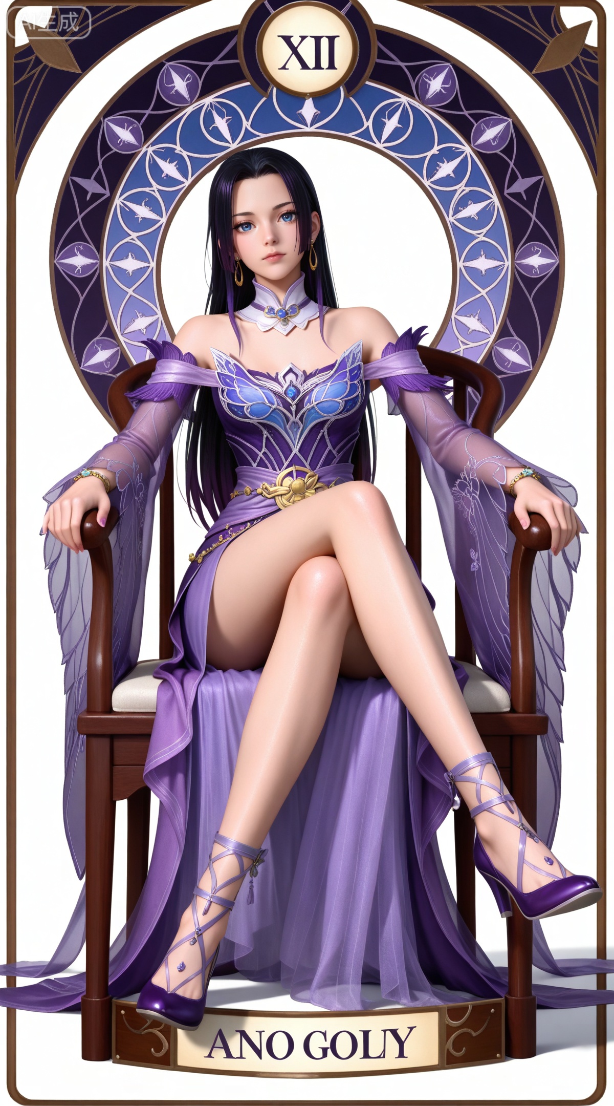 masterpiece,high quality,tall,game cg,highres,(soft light:1.2),(white_skin:0.6),(shiny_skin:0.6),(realistic:1.1),lvjing,
(boa hancock one piece:0.6),(black hair:1.3),long hair,(blue eyes:1.4),jewelry,earrings,multicolored hair,gradient hair,streaked hair,,
art nouveau,traditional media,flower,xiamu,(tarot (medium):1.2),day,shadow,looking_at_viewer,,
clothes: xiaoyixian purple dress, xiaoyixian bracelet, xiaoyixian detached collar, xiaoyixian detached sleeves, xiaoyixian wide sleeves, xiaoyixian see-through sleeves, xiaoyixian purple high heels, 1girl, solo, sitting, long hair, chair, bare shoulders, crossed legs, purple hair, white background, full body, simple background, black hair