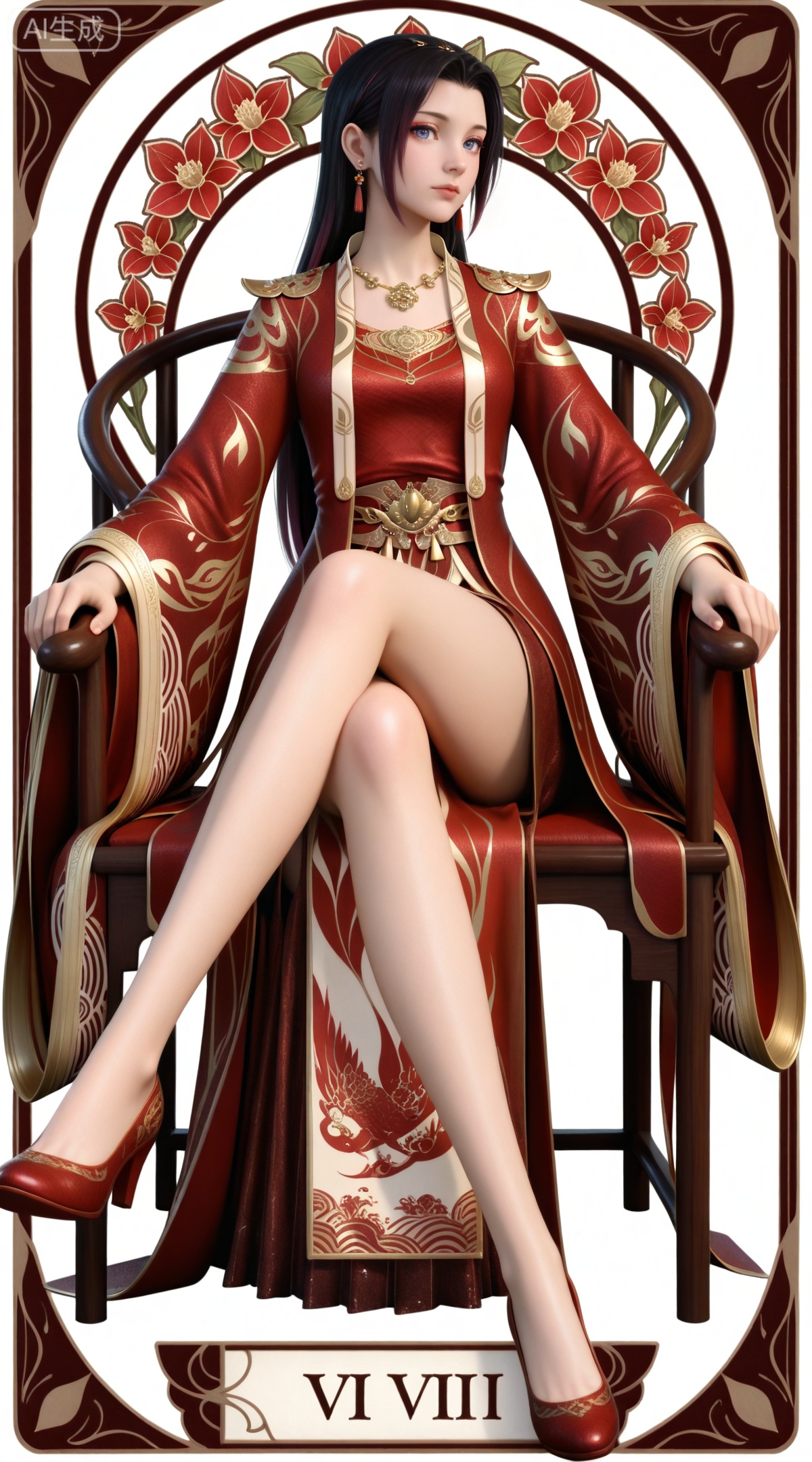 masterpiece,high quality,tall,game cg,highres,(soft light:1.2),(white_skin:0.6),(shiny_skin:0.6),(realistic:1.1),lvjing,
(boa hancock one piece:0.6),(black hair:1.3),long hair,(blue eyes:1.4),jewelry,earrings,multicolored hair,gradient hair,streaked hair,,
art nouveau,traditional media,flower,xiamu,(tarot (medium):1.2),day,shadow,looking_at_viewer,,
clothes: yunyun red hanfu, yunyun red china dress, yunyun red high heels, yunyun long sleeves, yunyun wide sleeves, 1girl, solo, sitting, chair, jewelry, white background, crossed legs, long hair, black hair, simple background, necklace, legs, on chair