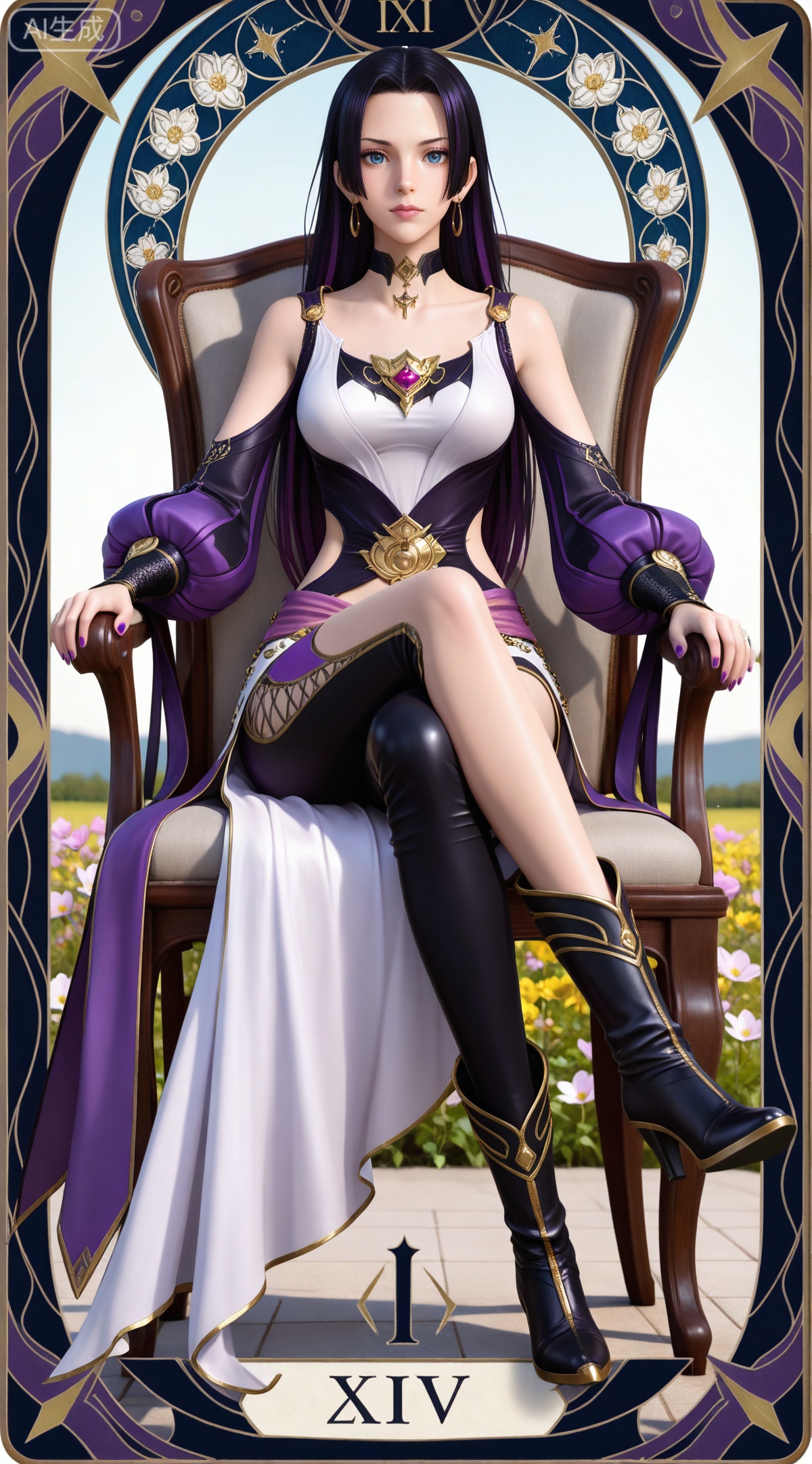 masterpiece,high quality,tall,game cg,highres,(soft light:1.2),(white_skin:0.6),(shiny_skin:0.6),(realistic:1.1),lvjing,
(boa hancock one piece:0.6),(black hair:1.3),long hair,(blue eyes:1.4),jewelry,earrings,multicolored hair,gradient hair,streaked hair,,
art nouveau,traditional media,flower,xiamu,(tarot (medium):1.2),day,shadow,looking_at_viewer,,
clothes: ziyan pueple and white dress, ziyan pants, ziyan asymmetrical legwear, ziyan choker, ziyan black high heel boots, ziyan detachable sleeve, ziyan puffy sleeves, 1girl, solo, sitting, purple hair, long hair, breasts, bare shoulders, chair, purple nails, crossed legs, looking at viewer, nail polish, black hair, medium breasts