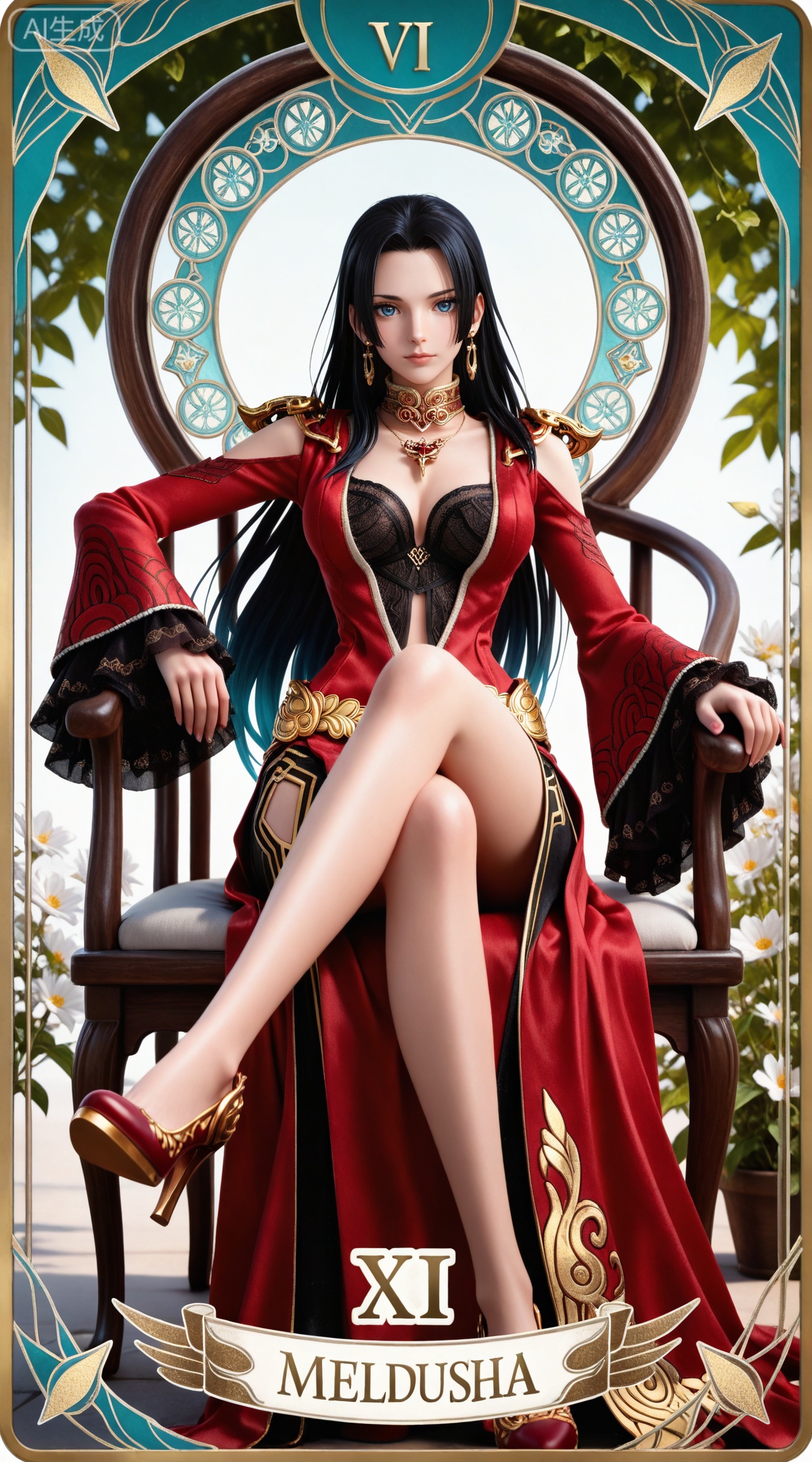 masterpiece,high quality,tall,game cg,highres,(soft light:1.2),(white_skin:0.6),(shiny_skin:0.6),(realistic:1.1),lvjing,
(boa hancock one piece:0.6),(black hair:1.3),long hair,(blue eyes:1.4),jewelry,earrings,multicolored hair,gradient hair,streaked hair,,
art nouveau,traditional media,flower,xiamu,(tarot (medium):1.2),day,shadow,looking_at_viewer,,
clothes: meidusha red dress, meidusha frilled sleeves, meidusha wide sleeves, meidusha red high heels, meidusha black bra, meidusha shoulder armor, 1girl, solo, black hair, sitting, long hair, breasts, jewelry, chair, earrings, cleavage, medium breasts, crossed legs, clothing cutout