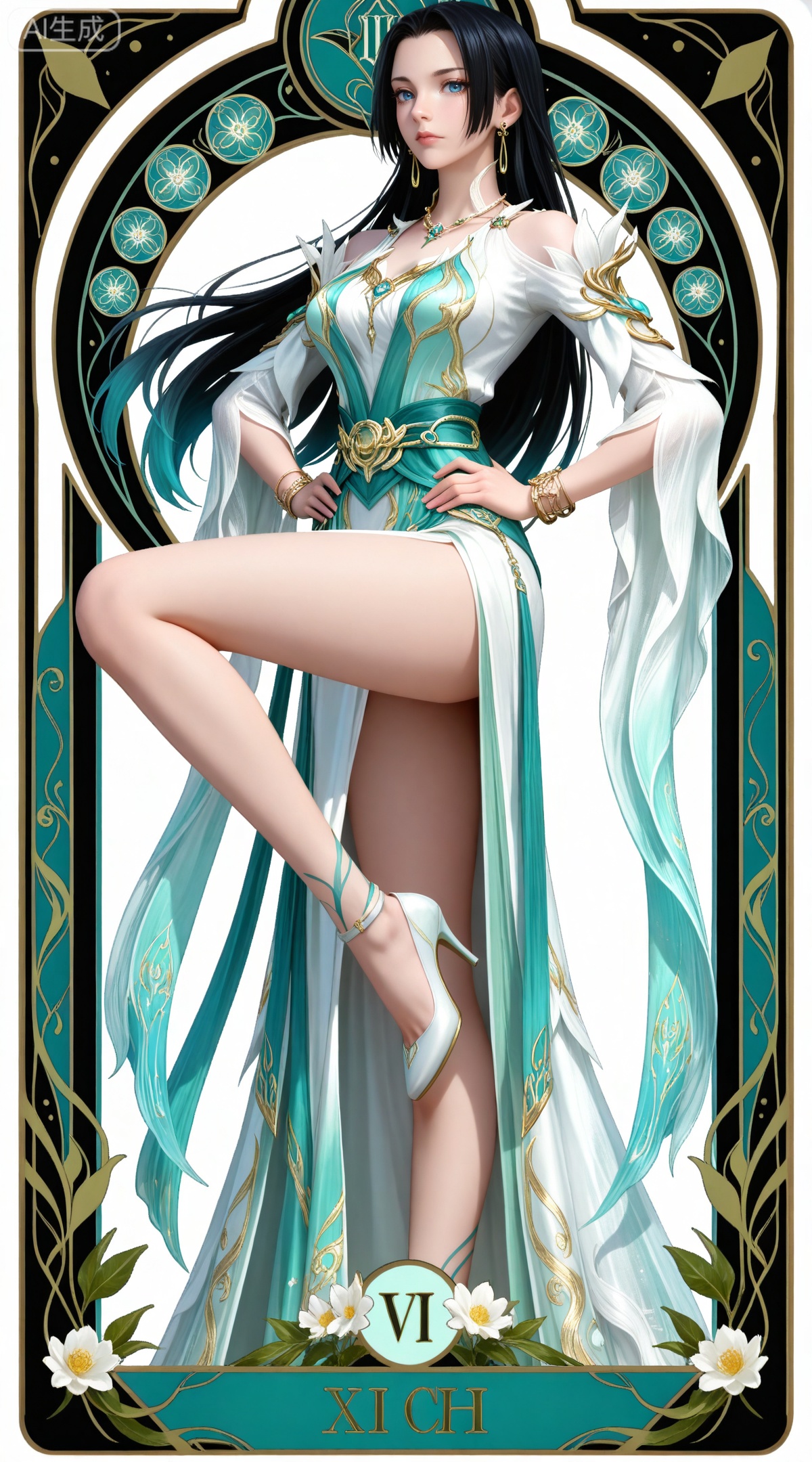 masterpiece,high quality,tall,game cg,highres,(soft light:1.2),(white_skin:0.6),(shiny_skin:0.6),(realistic:1.1),lvjing,
(boa hancock one piece:0.6),(black hair:1.3),long hair,(blue eyes:1.4),jewelry,earrings,multicolored hair,gradient hair,streaked hair,,
art nouveau,traditional media,flower,xiamu,(tarot (medium):1.2),day,shadow,looking_at_viewer,,
clothes: doushengxiaoxuner green and white dress, doushengxiaoxuner leg tattoo, 1girl, solo, long hair, jewelry, hands on own hips, high heels, white background, bare legs, leg up, earrings, standing, hair ornament, legs, bracelet, simple background, from side
