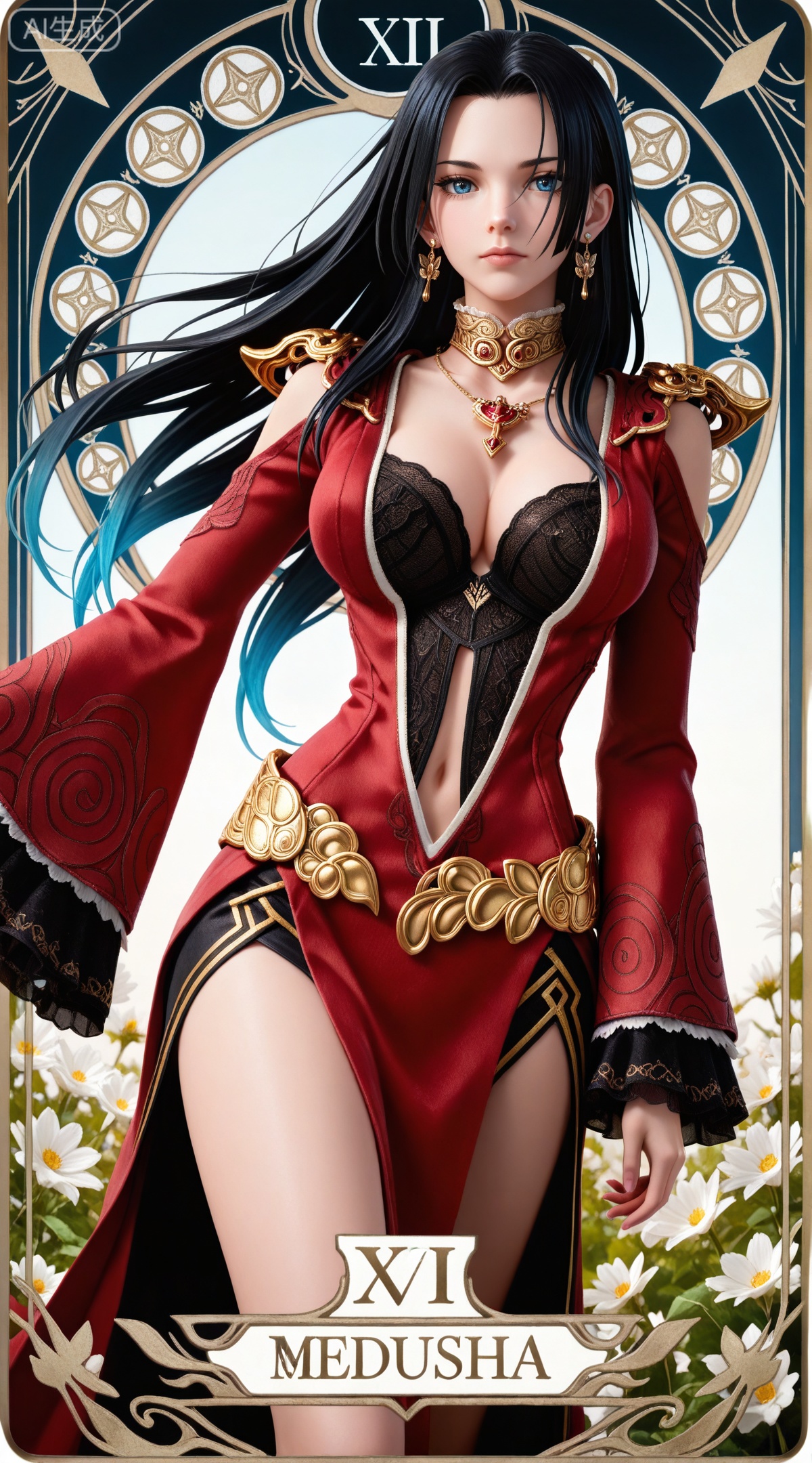masterpiece,high quality,tall,game cg,highres,(soft light:1.2),(white_skin:0.6),(shiny_skin:0.6),(realistic:1.1),lvjing,
(boa hancock one piece:0.6),(black hair:1.3),long hair,(blue eyes:1.4),jewelry,earrings,multicolored hair,gradient hair,streaked hair,,
art nouveau,traditional media,flower,xiamu,(tarot (medium):1.2),day,shadow,looking_at_viewer,,
clothes: meidusha red dress, meidusha frilled sleeves, meidusha wide sleeves,  meidusha black bra, meidusha shoulder armor, 1girl, solo, breasts, long hair,jewelry, cleavage, clothing cutout, simple background, long sleeves, large breasts