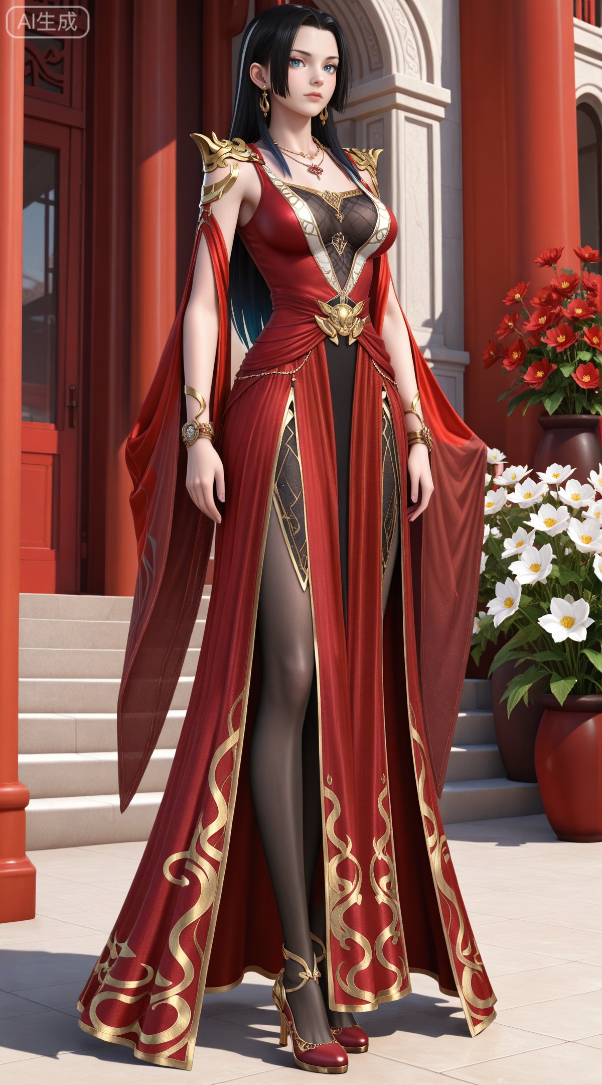 masterpiece,high quality,tall,game cg,highres,(soft light:1.2),(white_skin:0.6),(shiny_skin:0.6),(realistic:1.1),lvjing,
(boa hancock one piece:0.6),(black hair:1.3),long hair,(blue eyes:1.4),jewelry,earrings,multicolored hair,gradient hair,streaked hair,,
flowers,day,shadow,looking_at_viewer,,
clothes: meidushaxin red dress, meidushaxin black pantyhose, meidushaxin high heels, meidushaxin red footwear, meidusha bracelet, meidushaxian shoulder armor, 1girl, solo, dress, black hair, jewelry, breasts,necklace, standing, long hair,red theme,