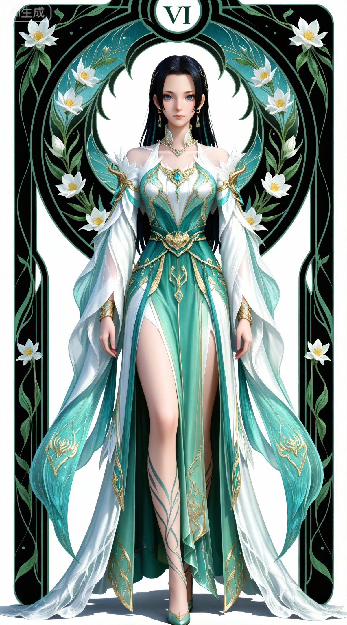 masterpiece,high quality,tall,game cg,highres,(soft light:1.2),(white_skin:0.6),(shiny_skin:0.6),(realistic:1.1),lvjing,
(boa hancock one piece:0.6),(black hair:1.3),long hair,(blue eyes:1.4),jewelry,earrings,multicolored hair,gradient hair,streaked hair,,
art nouveau,traditional media,flower,xiamu,(tarot (medium):1.2),day,shadow,looking_at_viewer,,
clothes: doushengxiaoxuner green and white dress, doushengxiaoxuner leg tattoo, 1girl, long hair, solo, full body, jewelry, white background, earrings, black hair, green dress, hair ornament, closed mouth, standing, simple background, bracele