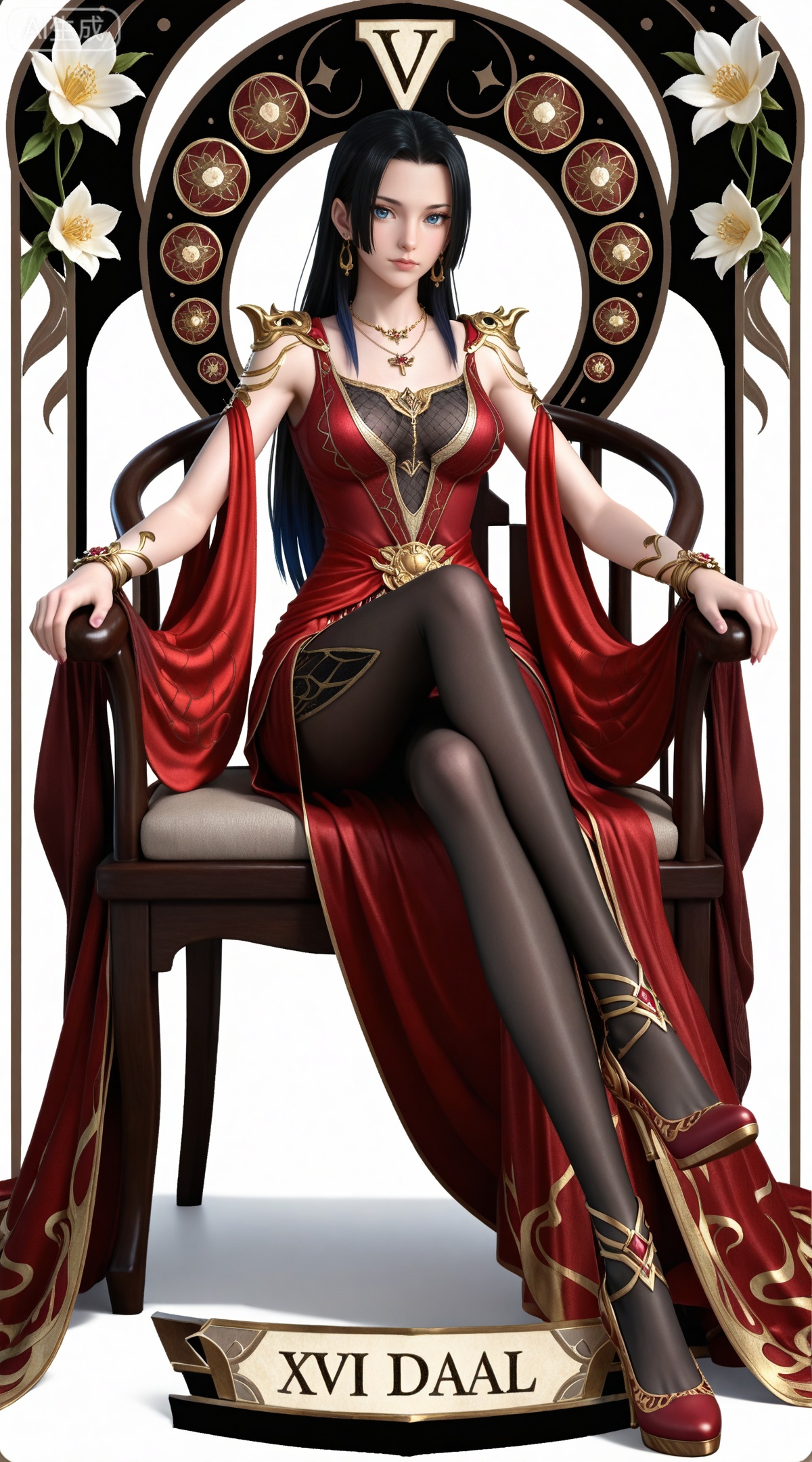 masterpiece,high quality,tall,game cg,highres,(soft light:1.2),(white_skin:0.6),(shiny_skin:0.6),(realistic:1.1),lvjing,
(boa hancock one piece:0.6),(black hair:1.3),long hair,(blue eyes:1.4),jewelry,earrings,multicolored hair,gradient hair,streaked hair,,
art nouveau,traditional media,flower,xiamu,(tarot (medium):1.2),day,shadow,looking_at_viewer,,
clothes: meidushaxin red dress, meidushaxin black pantyhose, meidushaxin high heels, meidushaxin red footwear, meidusha bracelet, meidushaxian shoulder armor, 1girl, solo, dress, black hair, jewelry, breasts, white background, full body,  long hair, simple background, necklace, sitting,chair,