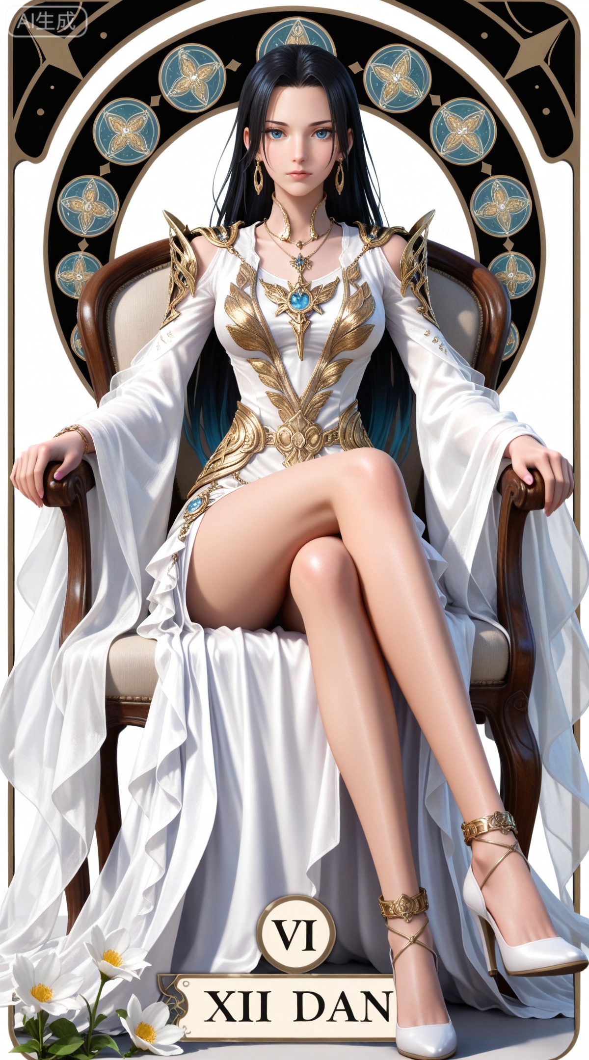 masterpiece,high quality,tall,game cg,highres,(soft light:1.2),(white_skin:0.6),(shiny_skin:0.6),(realistic:1.1),lvjing,
(boa hancock one piece:0.6),(black hair:1.3),long hair,(blue eyes:1.4),jewelry,earrings,multicolored hair,gradient hair,streaked hair,,
art nouveau,traditional media,flower,xiamu,(tarot (medium):1.2),day,shadow,looking_at_viewer,,
clothes: meidusha white dress, meidusha anklet, 1girl, sitting, solo, long hair, black hair, high heels, crossed legs, jewelry, chair, white background, bare legs, legs, breasts, earrings, necklace, simple background