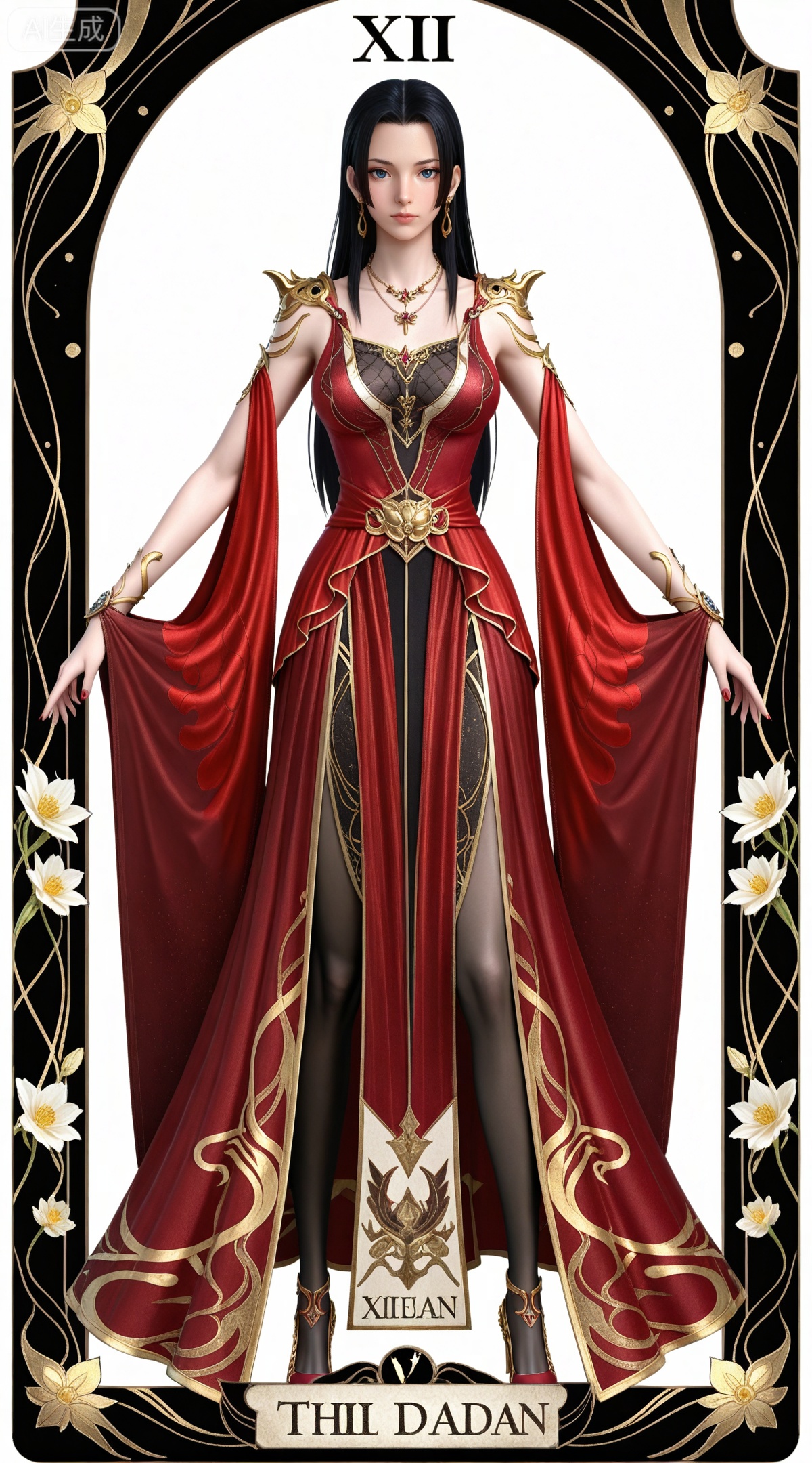 masterpiece,high quality,tall,game cg,highres,(soft light:1.2),(white_skin:0.6),(shiny_skin:0.6),(realistic:1.1),lvjing,
(boa hancock one piece:0.6),black hair,long hair,blue eyes,jewelry,earrings,multicolored hair,gradient hair,streaked hair,
art nouveau,traditional media,flower,xiamu,(tarot (medium):1.2),day,shadow,looking_at_viewer,,
clothes: meidushaxin red dress, meidushaxin black pantyhose, meidushaxin high heels, meidushaxin red footwear, meidusha bracelet, meidushaxian shoulder armor, 1girl, solo, dress, black hair, jewelry, breasts, white background, full body, standing, long hair, simple background, necklace, 