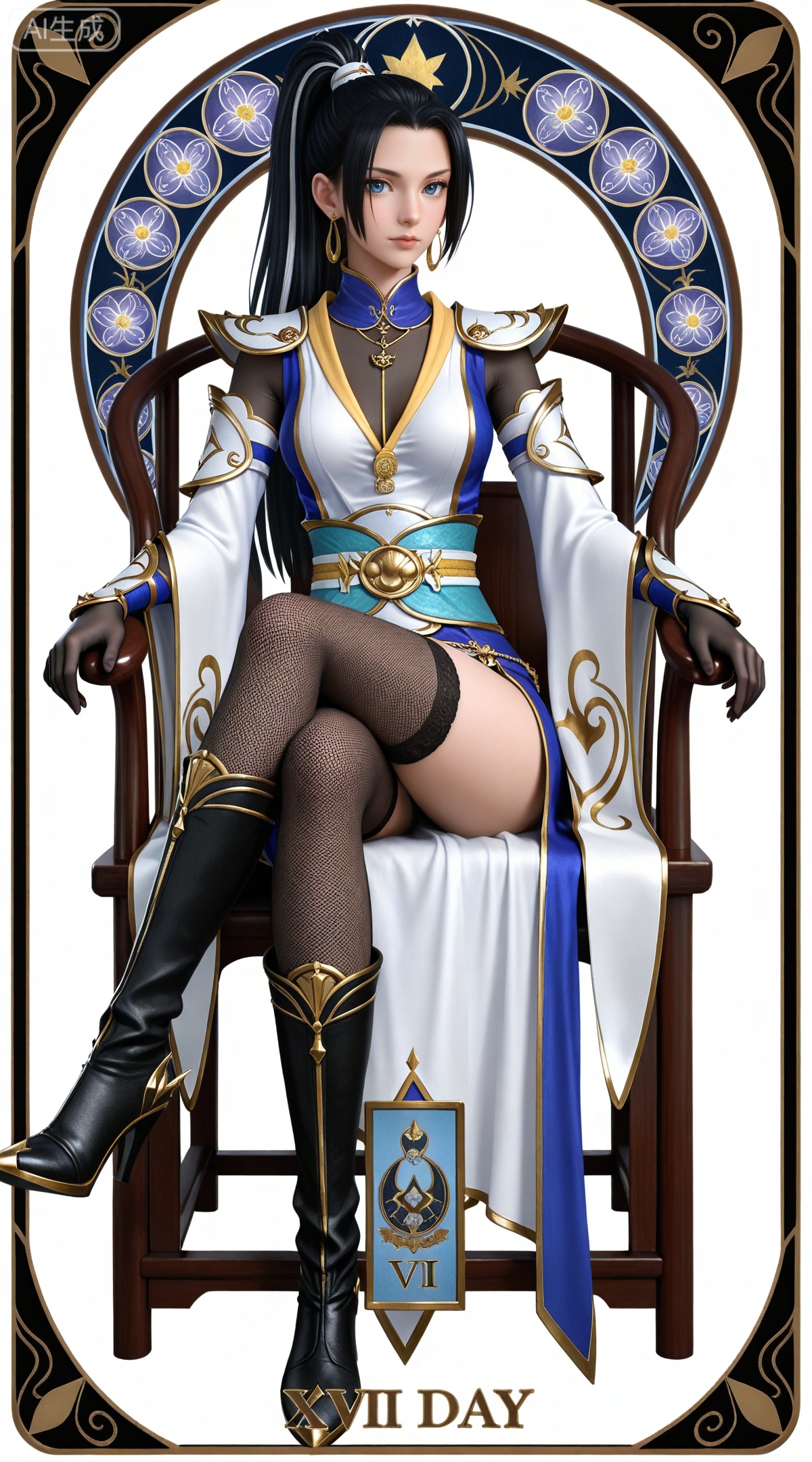 masterpiece,high quality,tall,game cg,highres,(soft light:1.2),(white_skin:0.6),(shiny_skin:0.6),(realistic:1.1),lvjing,
(boa hancock one piece:0.6),(black hair:1.3),long hair,(blue eyes:1.4),jewelry,earrings,multicolored hair,gradient hair,streaked hair,,
art nouveau,traditional media,flower,xiamu,(tarot (medium):1.2),day,shadow,looking_at_viewer,,
clothes: hanyue japanese clothes, hanyue black elbow gloves, hanyue high heel boots, hanyue fishnets thighhighs, hanyue shoulder armor, 1girl, solo, sitting, crossed legs, white background, black footwear, simple background, long hair, chair, wide sleeves, full body, ponytail, breasts, sash