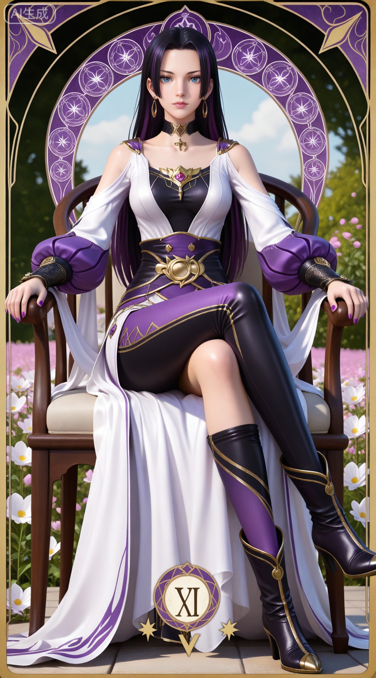 masterpiece,high quality,tall,game cg,highres,(soft light:1.2),(white_skin:0.6),(shiny_skin:0.6),(realistic:1.1),lvjing,
(boa hancock one piece:0.6),(black hair:1.3),long hair,(blue eyes:1.4),jewelry,earrings,multicolored hair,gradient hair,streaked hair,,
art nouveau,traditional media,flower,xiamu,(tarot (medium):1.2),day,shadow,looking_at_viewer,,
clothes: ziyan pueple and white dress, ziyan pants, ziyan asymmetrical legwear, ziyan choker, ziyan black high heel boots, ziyan detachable sleeve, ziyan puffy sleeves, 1girl, solo, sitting, purple hair, long hair, breasts, bare shoulders, chair, purple nails, crossed legs, looking at viewer, nail polish, black hair, medium breasts