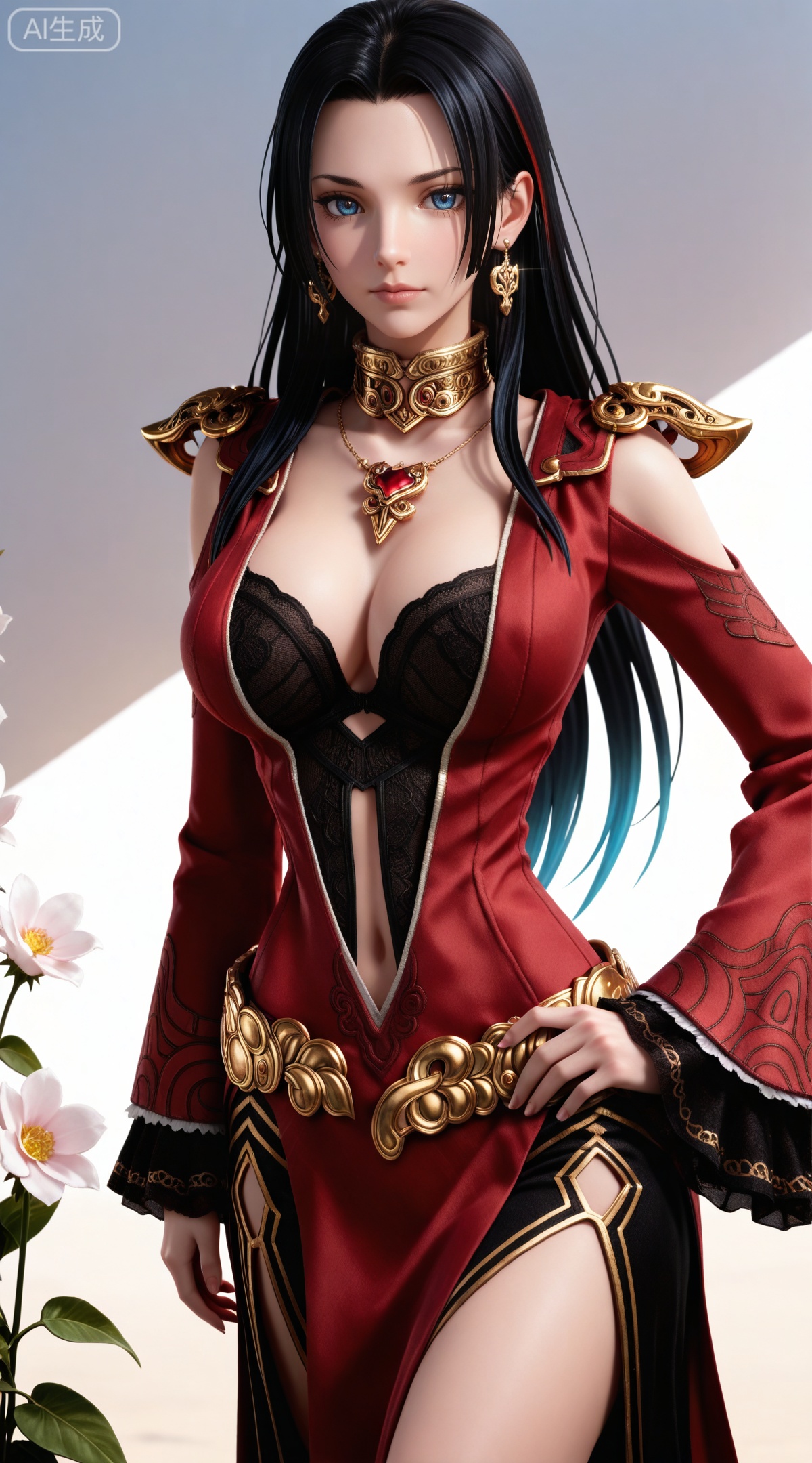 masterpiece,high quality,tall,game cg,highres,(soft light:1.2),(white_skin:0.6),(shiny_skin:0.6),(realistic:1.1),lvjing,
(boa hancock one piece:0.6),(black hair:1.3),long hair,(blue eyes:1.4),jewelry,earrings,multicolored hair,gradient hair,streaked hair,,
day,shadow,looking_at_viewer,,flowers,
clothes: meidusha red dress, meidusha frilled sleeves, meidusha wide sleeves,  meidusha black bra, meidusha shoulder armor, 1girl, solo, breasts, long hair,jewelry, cleavage, clothing cutout, simple background, long sleeves, large breasts