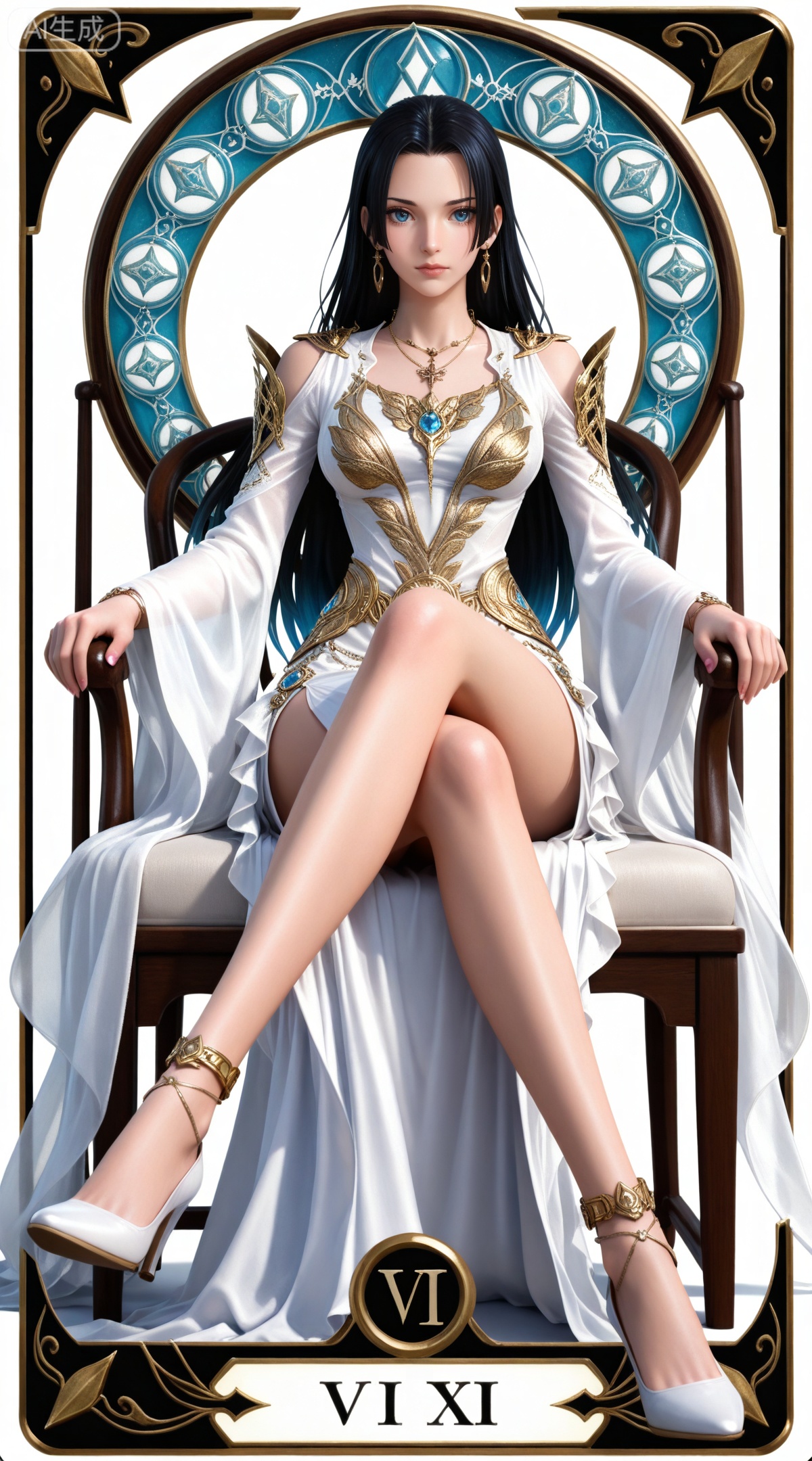 masterpiece,high quality,tall,game cg,highres,(soft light:1.2),(white_skin:0.6),(shiny_skin:0.6),(realistic:1.1),lvjing,
(boa hancock one piece:0.6),(black hair:1.3),long hair,(blue eyes:1.4),jewelry,earrings,multicolored hair,gradient hair,streaked hair,,
art nouveau,traditional media,flower,xiamu,(tarot (medium):1.2),day,shadow,looking_at_viewer,,
clothes: meidusha white dress, meidusha anklet, 1girl, sitting, solo, long hair, black hair, high heels, crossed legs, jewelry, chair, white background, bare legs, legs, breasts, earrings, necklace, simple background