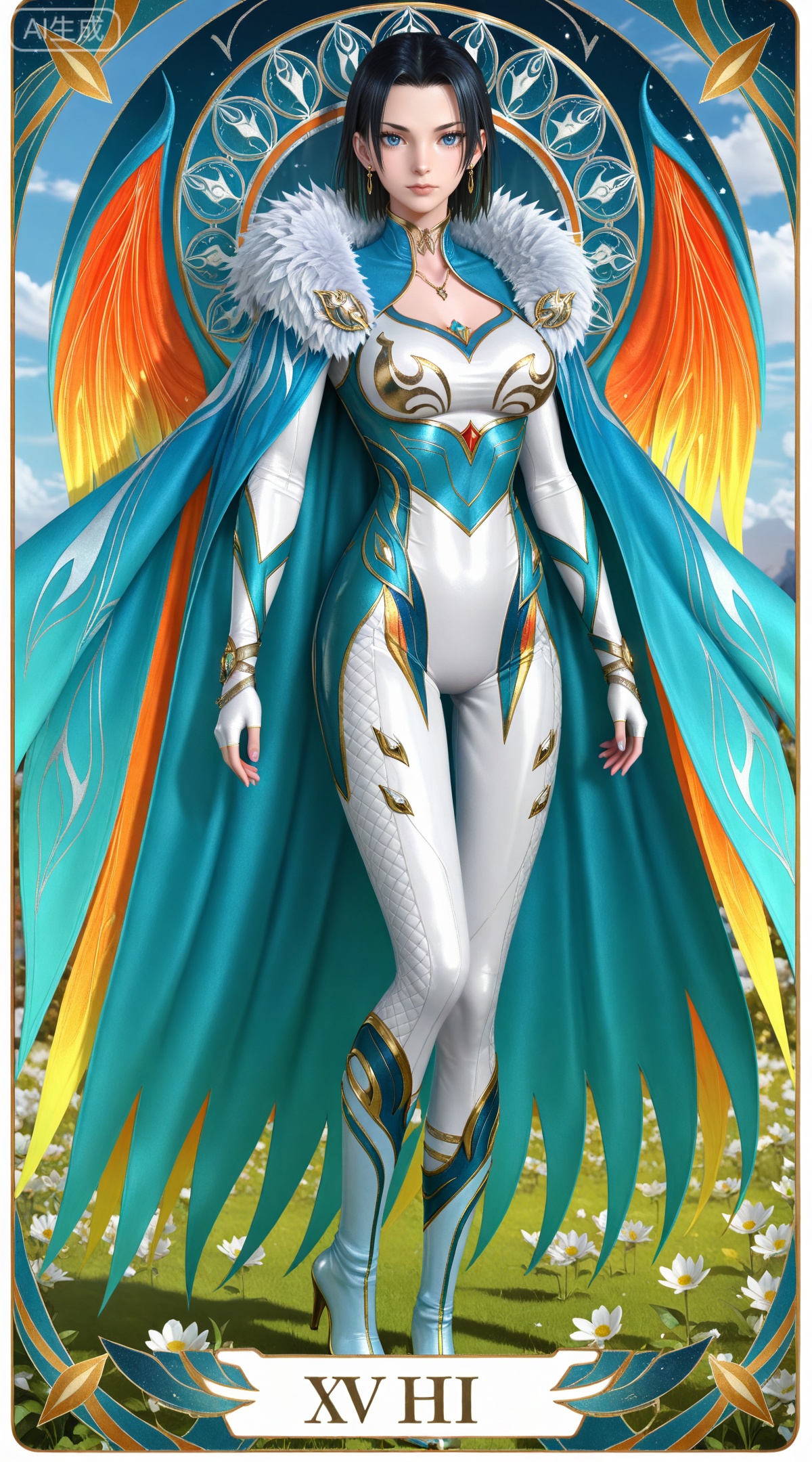 masterpiece,high quality,tall,game cg,highres,(soft light:1.2),(white_skin:0.6),(shiny_skin:0.6),(realistic:1.1),lvjing,
(boa hancock one piece:0.6),(black hair:1.3),long hair,(blue eyes:1.4),jewelry,earrings,multicolored hair,gradient hair,streaked hair,,
art nouveau,traditional media,flower,xiamu,(tarot (medium):1.2),day,shadow,looking_at_viewer,,
clothes: fenghuang white and green bodysuit, fenghuang high heel boots, fenghuang white fingerless gloves, fenghuang blue cape, 1girl, solo, breasts, fur trim, jewelry, cleavage, standing, earrings, short hair, black hair, large breasts, looking at viewer