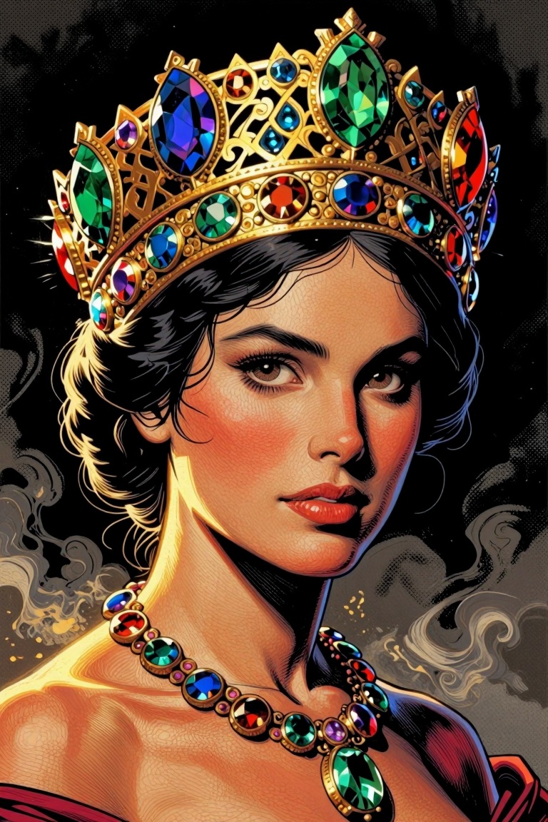[ a Marvel comic illustration of ] Hyperrealistic fantasy oil-painting portrait of a young noblewoman,  head-and-shoulders...