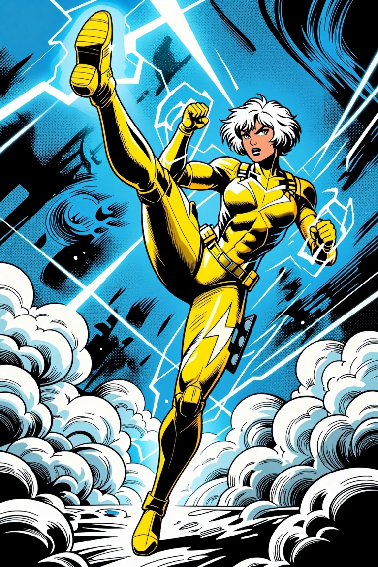 [ a Marvel comic illustration of ] Marvel comic style illustration of a fierce female warrior in full-body dynamic aerial...