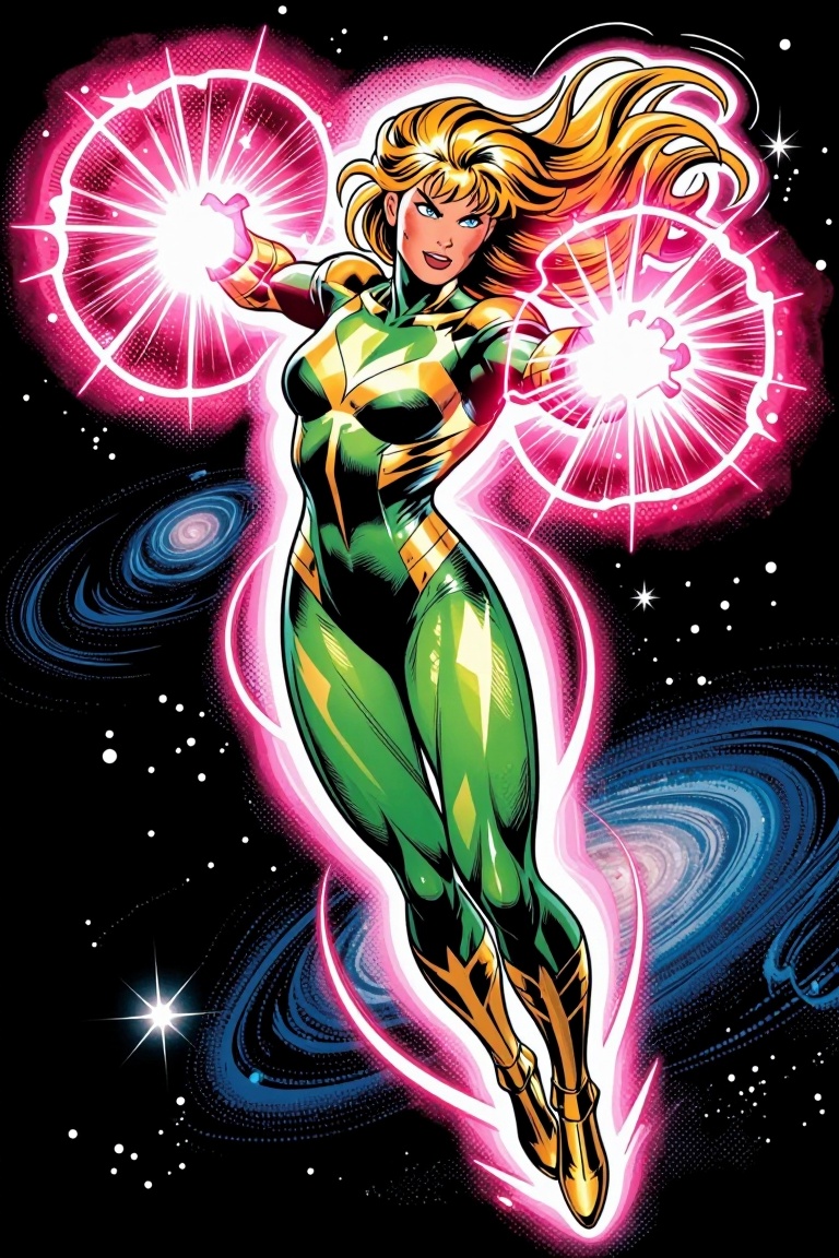 [ a Marvel comic illustration of ] Marvel comic style full-body dynamic energy-blast pose of a cosmic-powered female hero...