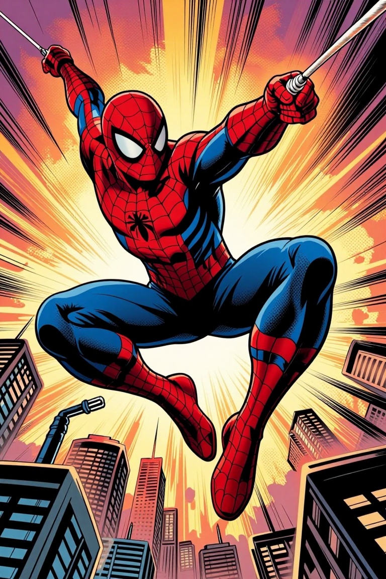 [ a Marvel comic illustration of ] Marvel comic style full-body dynamic flying pose of a teenage male hero in a red and bl...