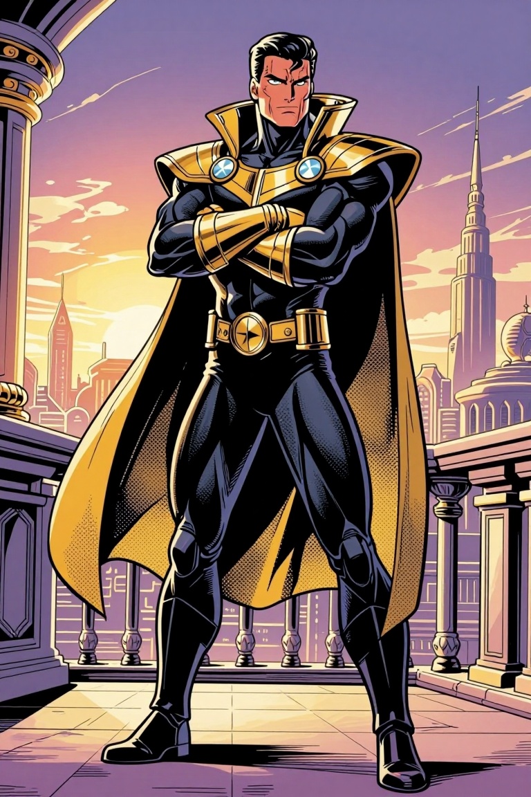 [ a Marvel comic illustration of ] Marvel comic style full-body dynamic shielding pose of a regal monarch hero in a sleek...
