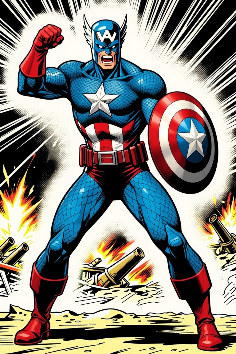 [ a Marvel comic illustration of ] Marvel comic style full-body dynamic punching pose of a classic patriotic superhero wit...