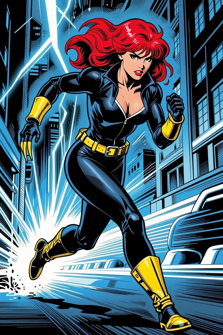 [ a Marvel comic illustration of ] Marvel comic style full-body dynamic running pose of a agile female superhero with long...