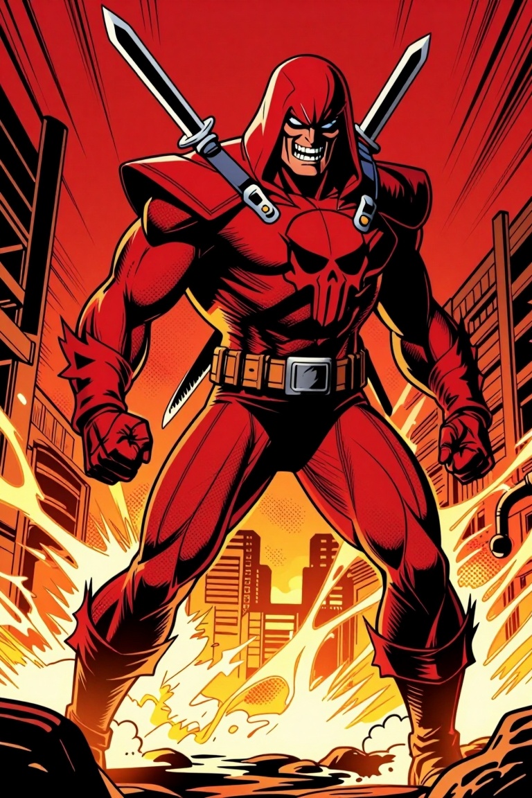 [ a Marvel comic illustration of ] Marvel comic style illustration of a towering muscular anti-hero in full-body dynamic c...