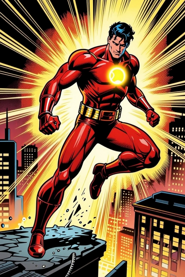 [ a Marvel comic illustration of ] Marvel comic style illustration of a powerful male superhero in full-body dynamic leapi...