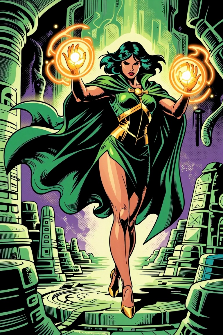 [ a Marvel comic illustration of ] Marvel comic style illustration of an elegant female sorceress in full-body dynamic spe...