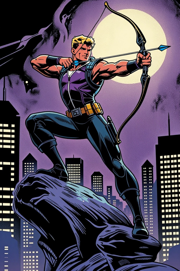 [ a Marvel comic illustration of ] Marvel comic style illustration of a cunning archer hero in full-body dynamic bow-drawi...