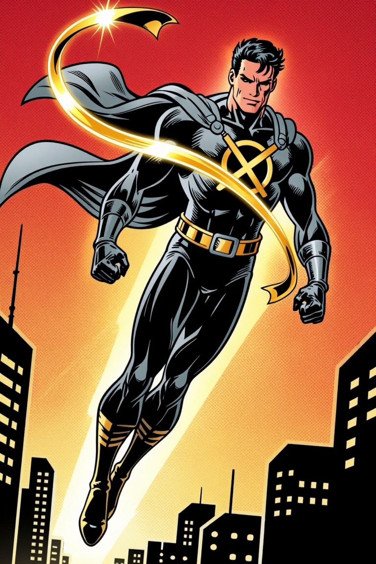 [ a Marvel comic illustration of ] Marvel comic-style heroic man in full-body dynamic flying pose,  wearing a sleek black...