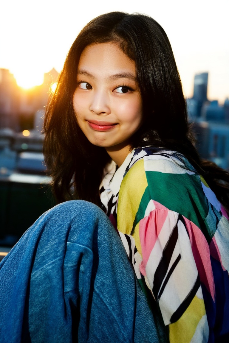 Portraiture of Jennie,  a vibrant and lively young girl,  set against a backdrop of a bustling cityscape at sunset. Captur...