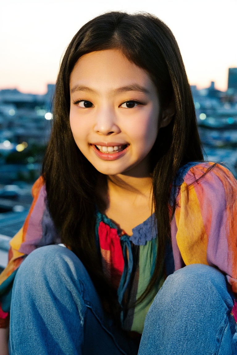 Portraiture of Jennie Kim,  a vibrant and lively young girl,  set against a backdrop of a bustling cityscape at sunset. Ca...